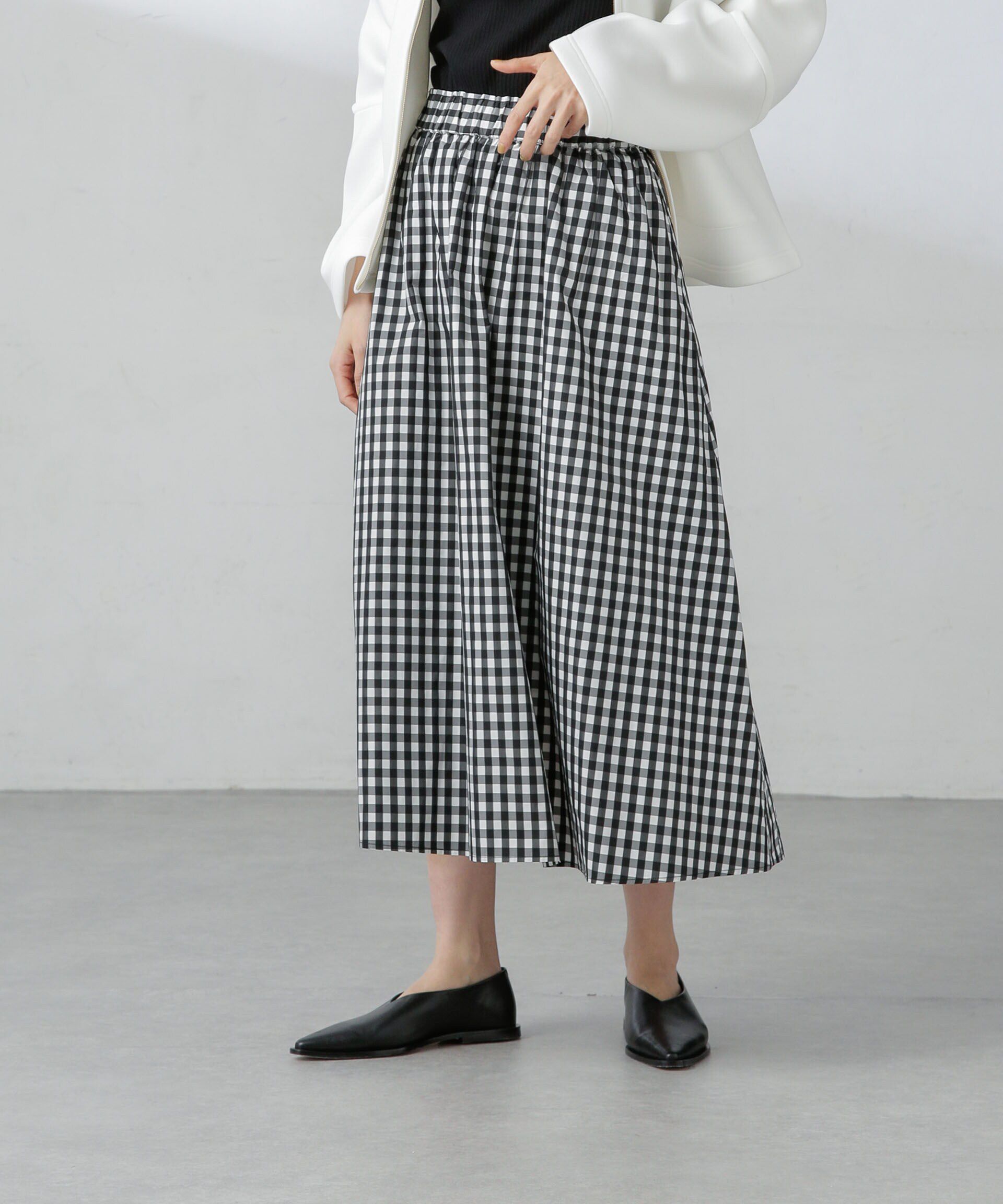 nano･universe「ギャザーボリュームチェックスカート」|スカート|ブラック