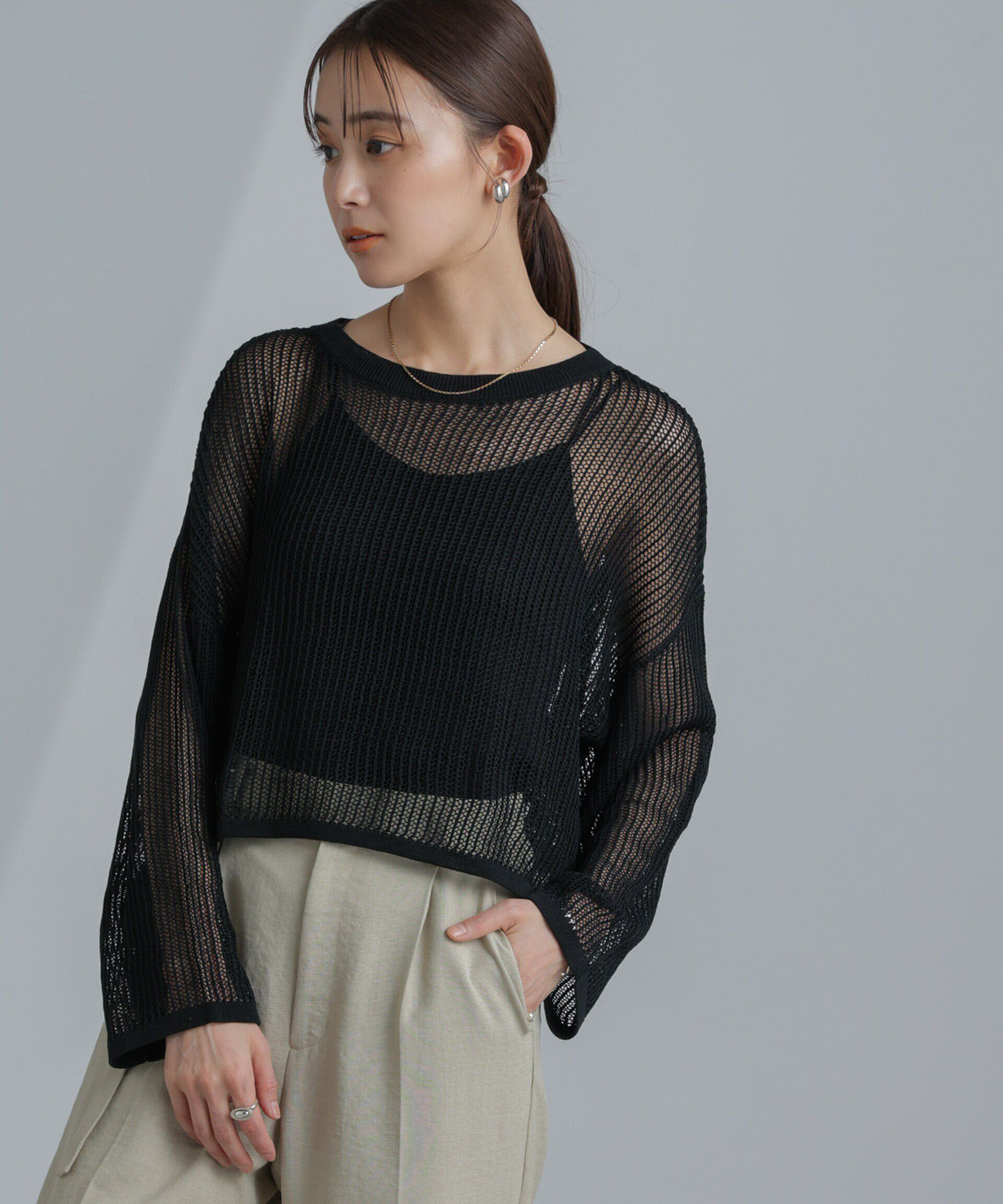 nano･universe「クロップドメッシュニットトップス」|ニット・セーター|ブラック