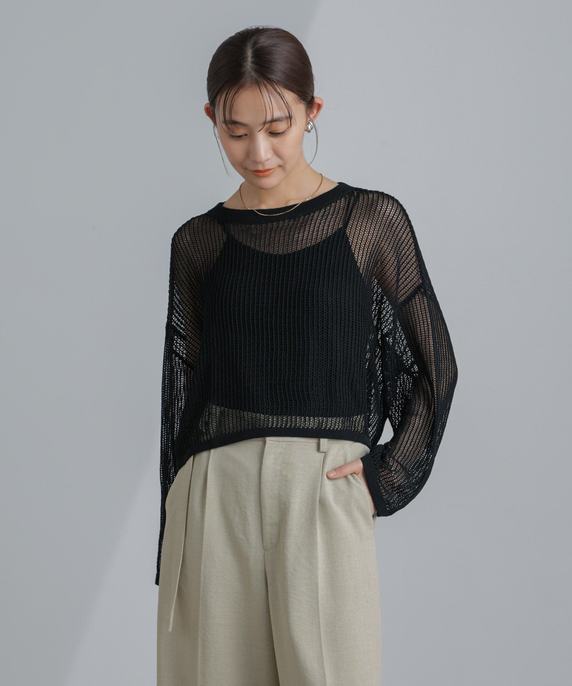 nano･universe「クロップドメッシュニットトップス」|ニット・セーター|