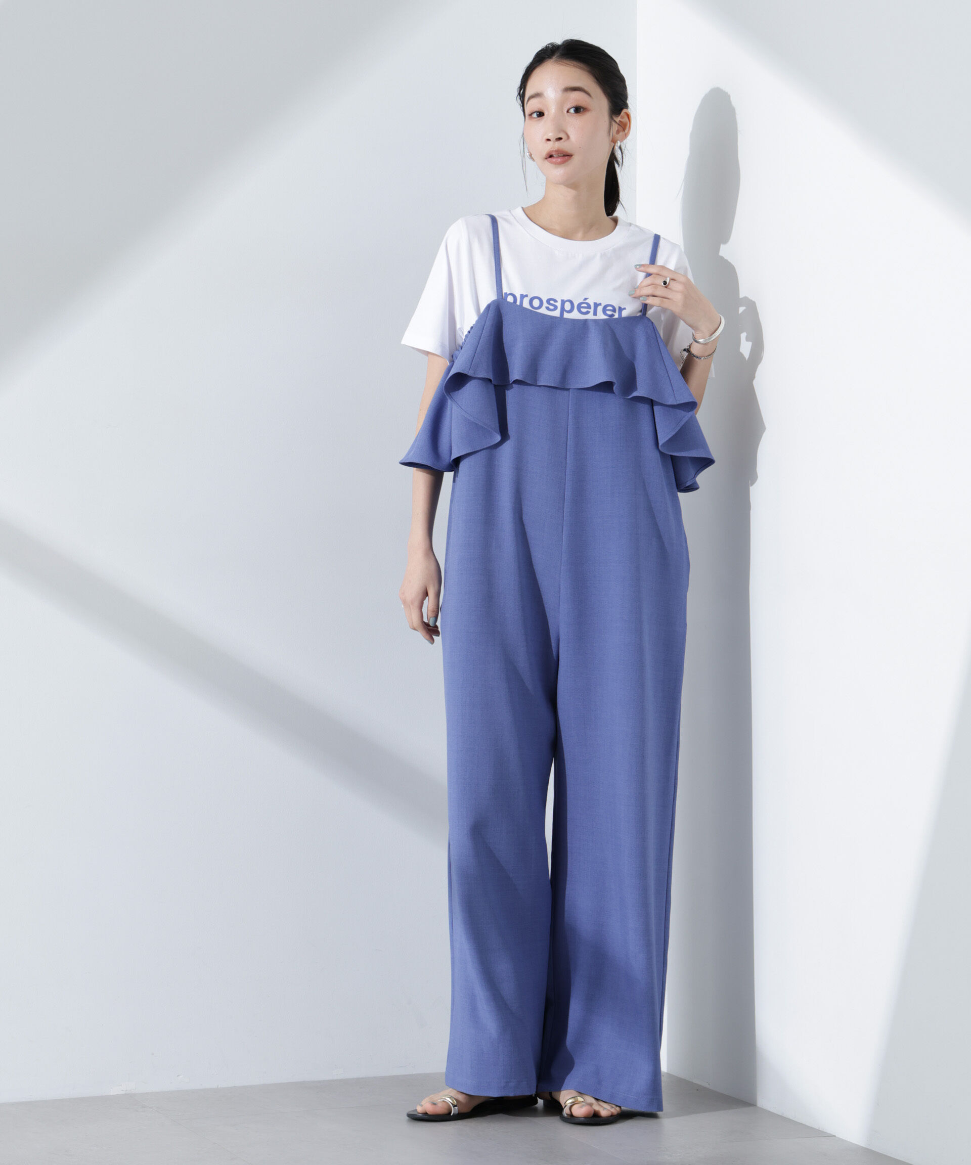 nano･universe「2wayオフショルダーフリルオールインワン」|ワンピース|ブルー