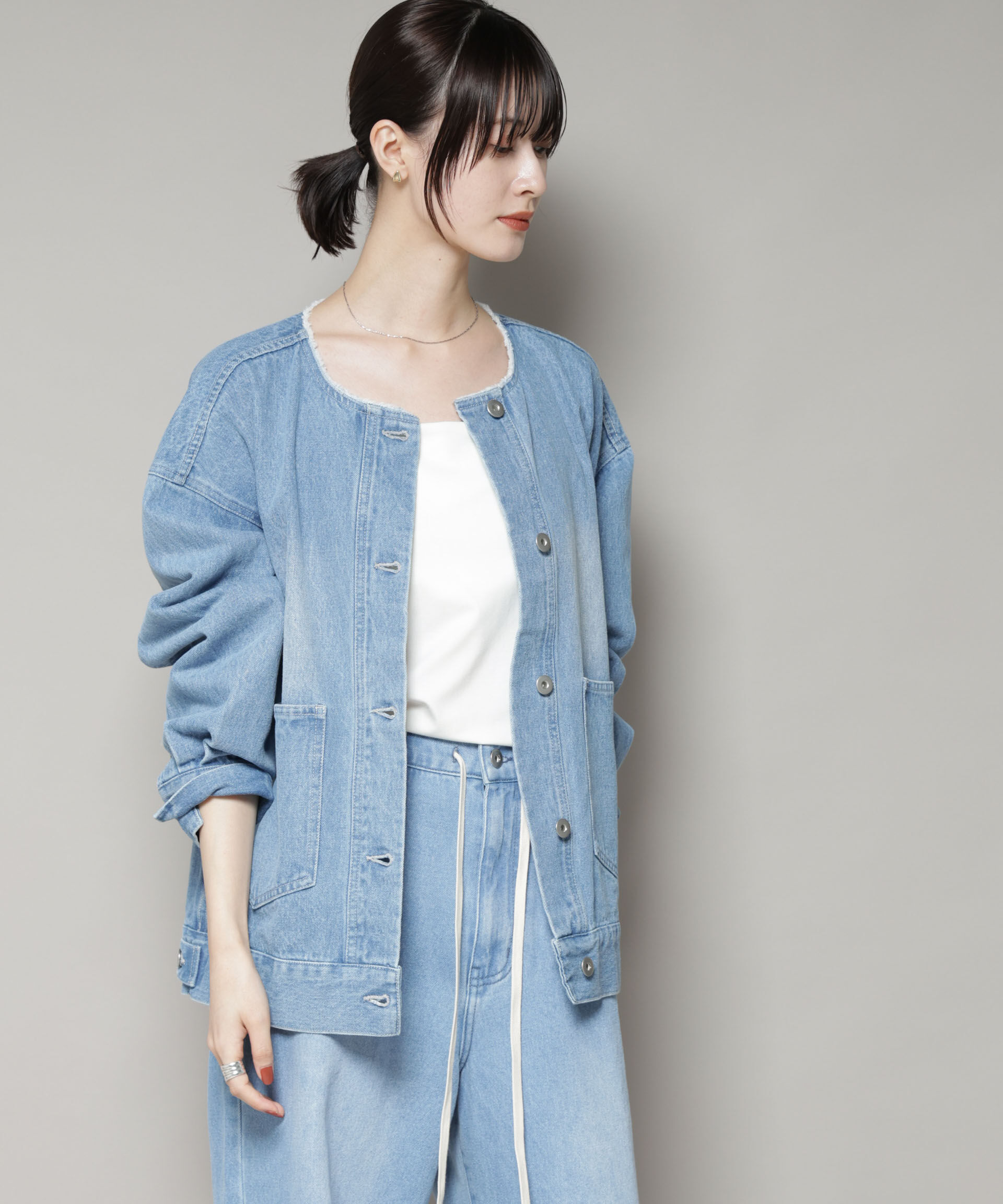 nano･universe「ノーカラーデニムジャケット」|テーラードジャケット|