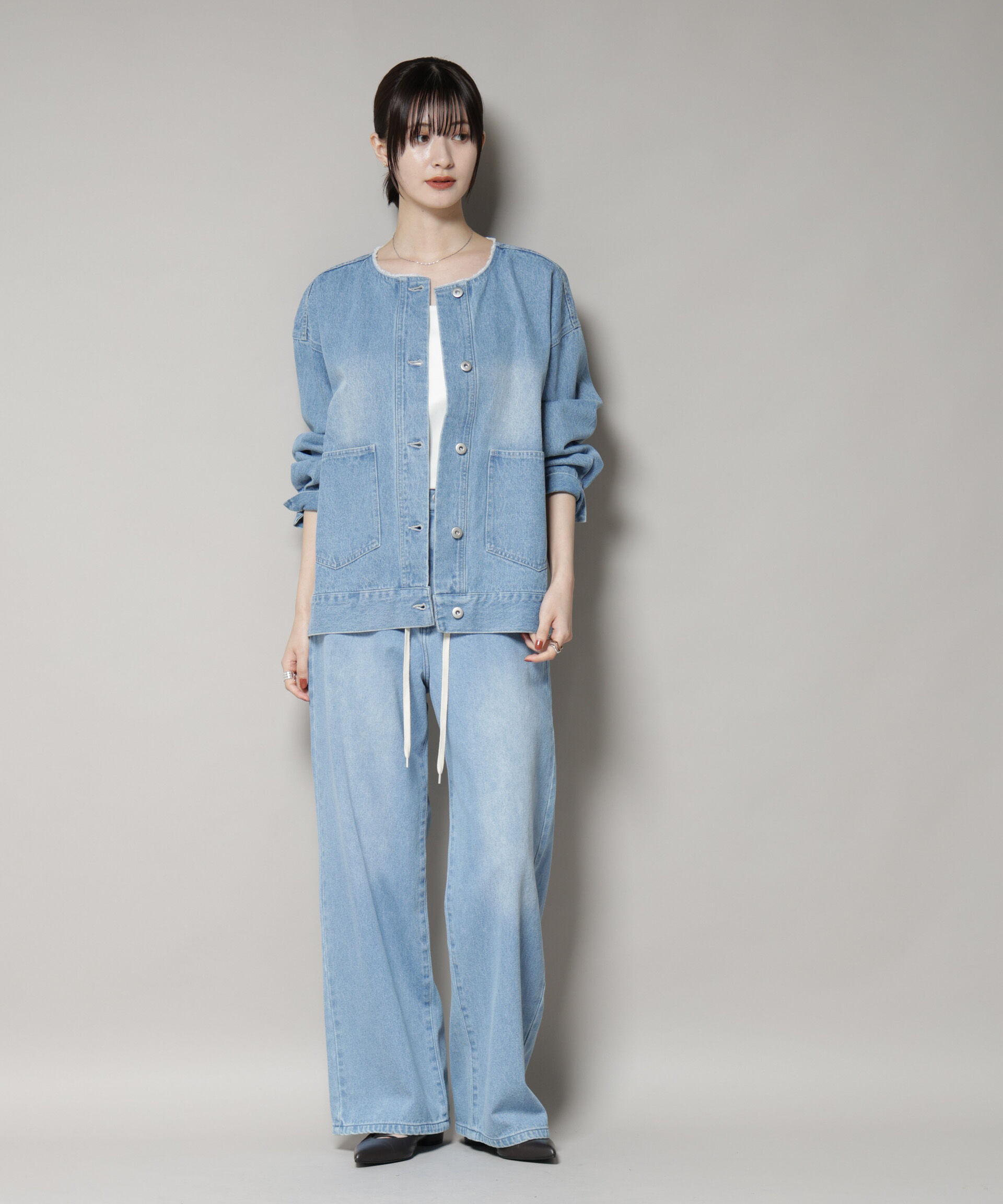nano･universe「ノーカラーデニムジャケット」|テーラードジャケット|