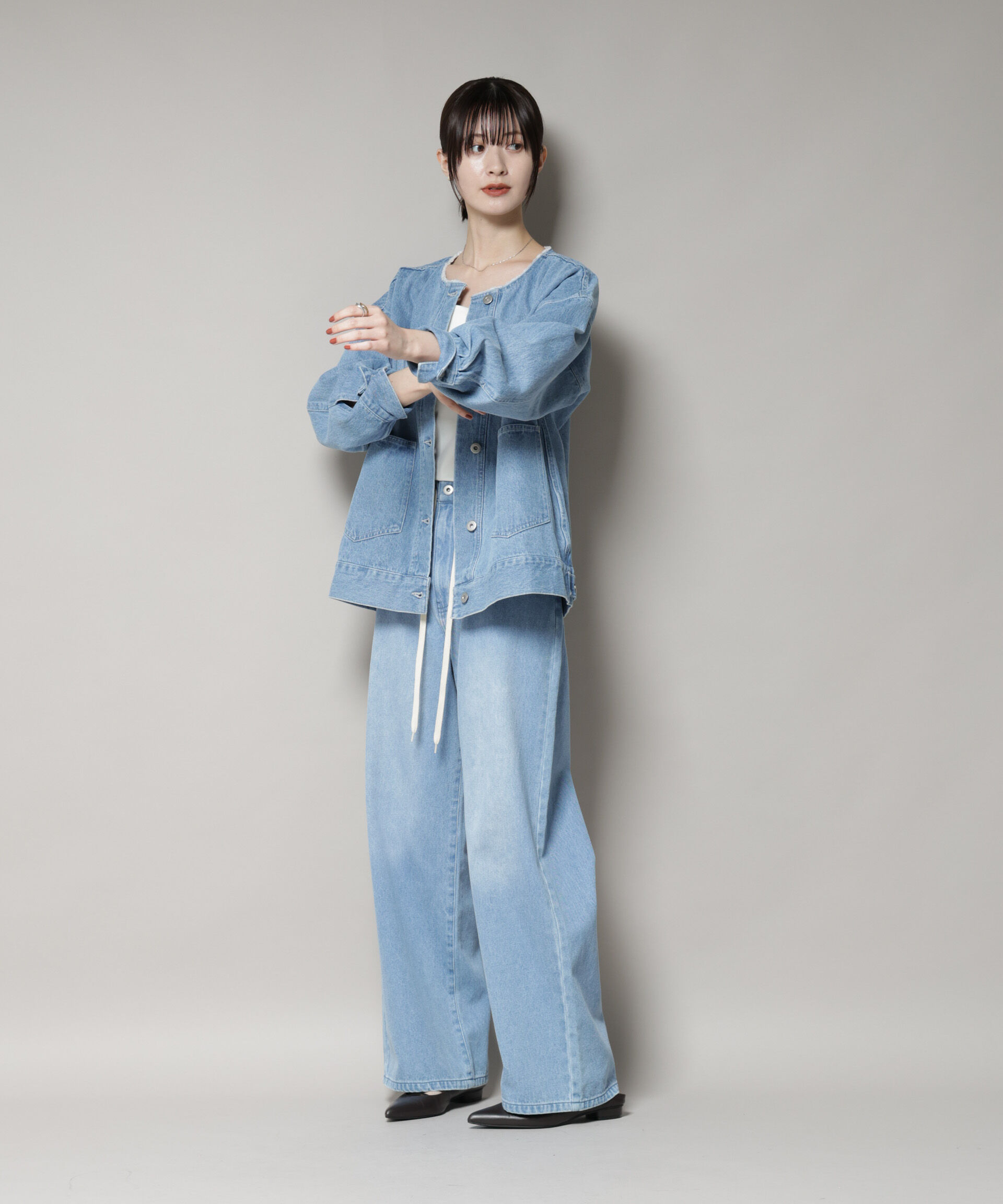 nano･universe「ノーカラーデニムジャケット」|テーラードジャケット|