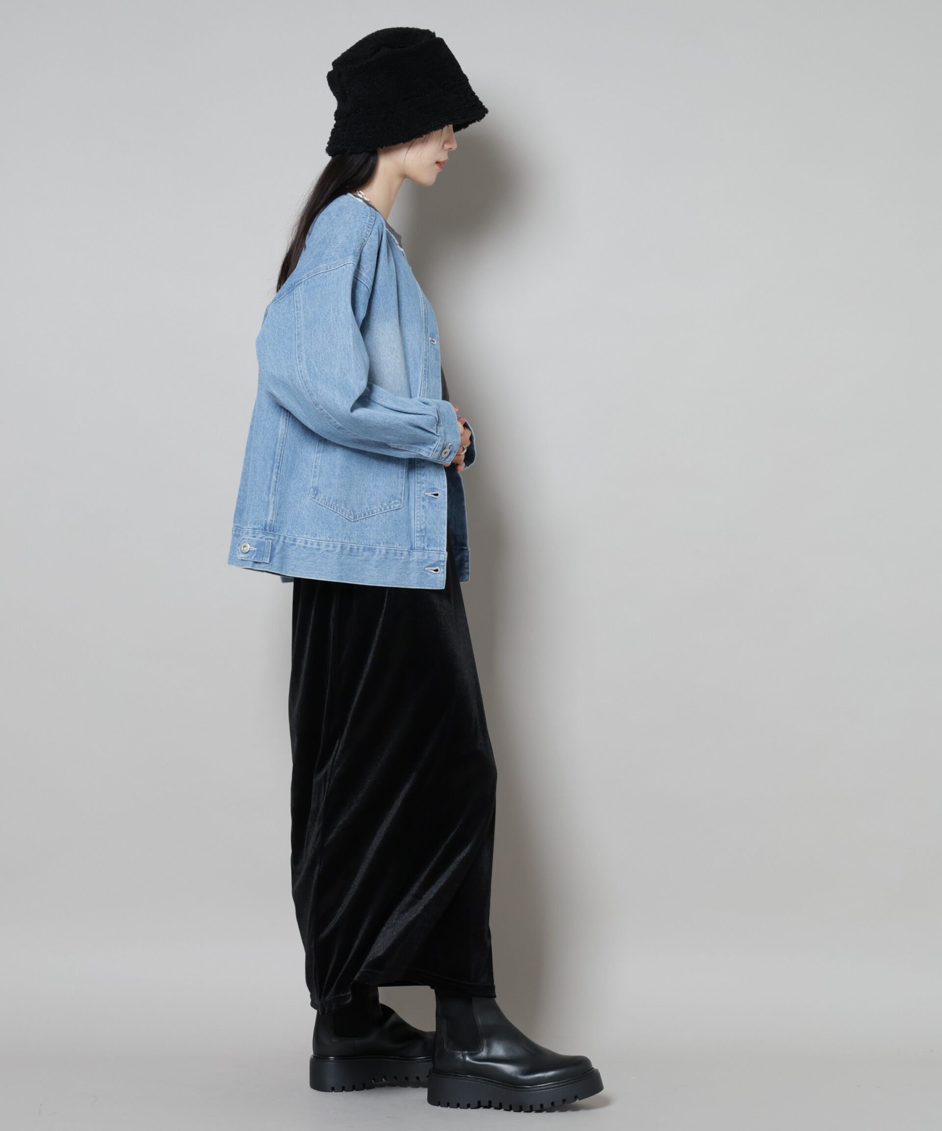 nano･universe「ノーカラーデニムジャケット」|テーラードジャケット|