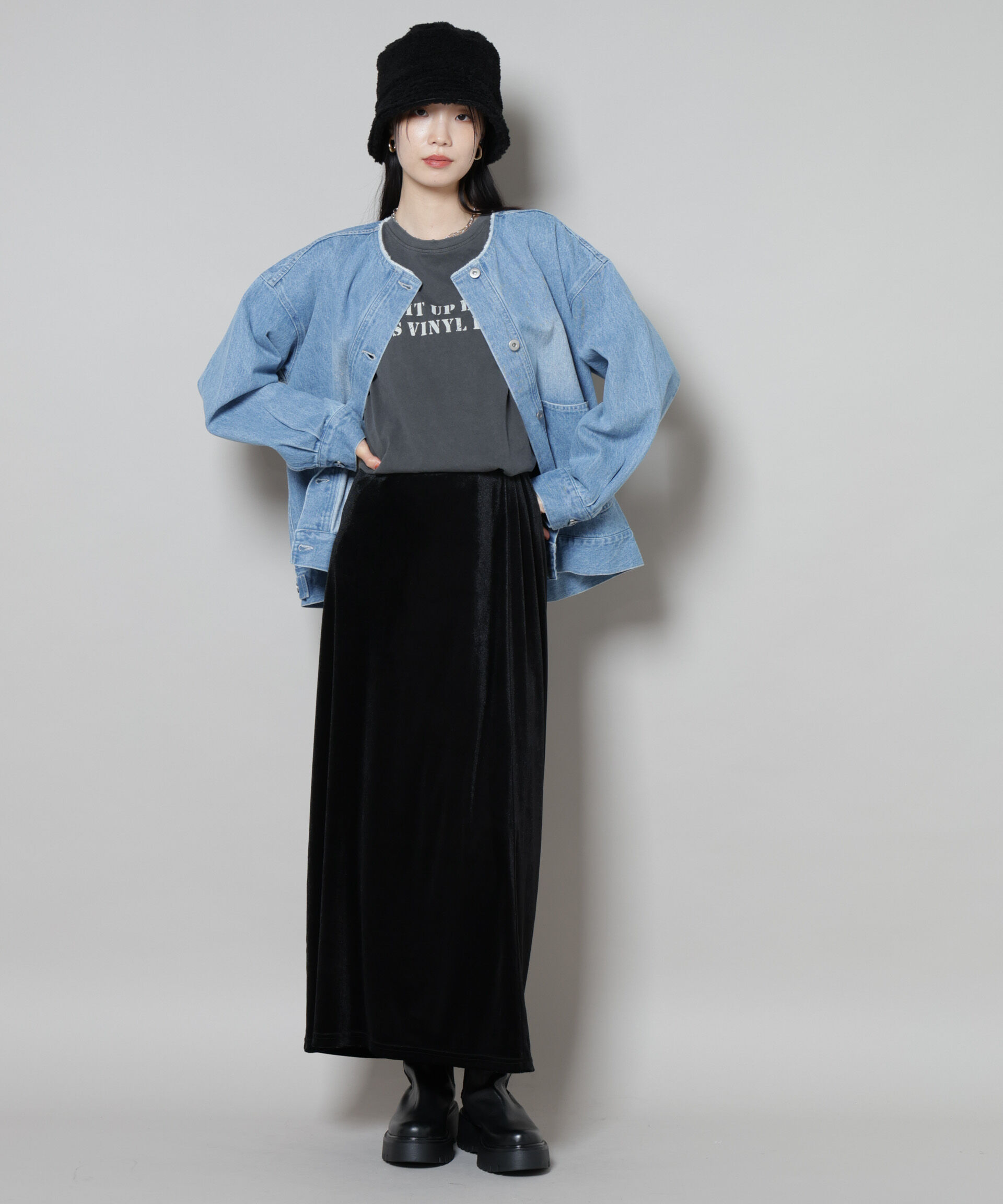 nano･universe「ノーカラーデニムジャケット」|テーラードジャケット|