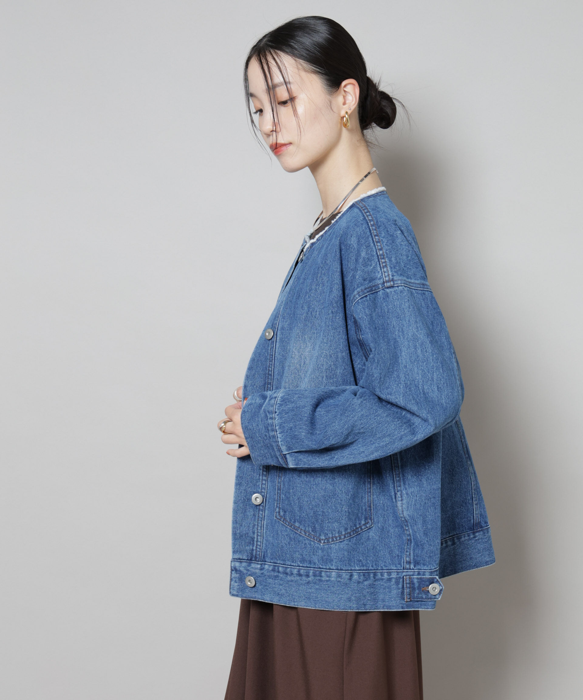nano･universe「ノーカラーデニムジャケット」|テーラードジャケット|