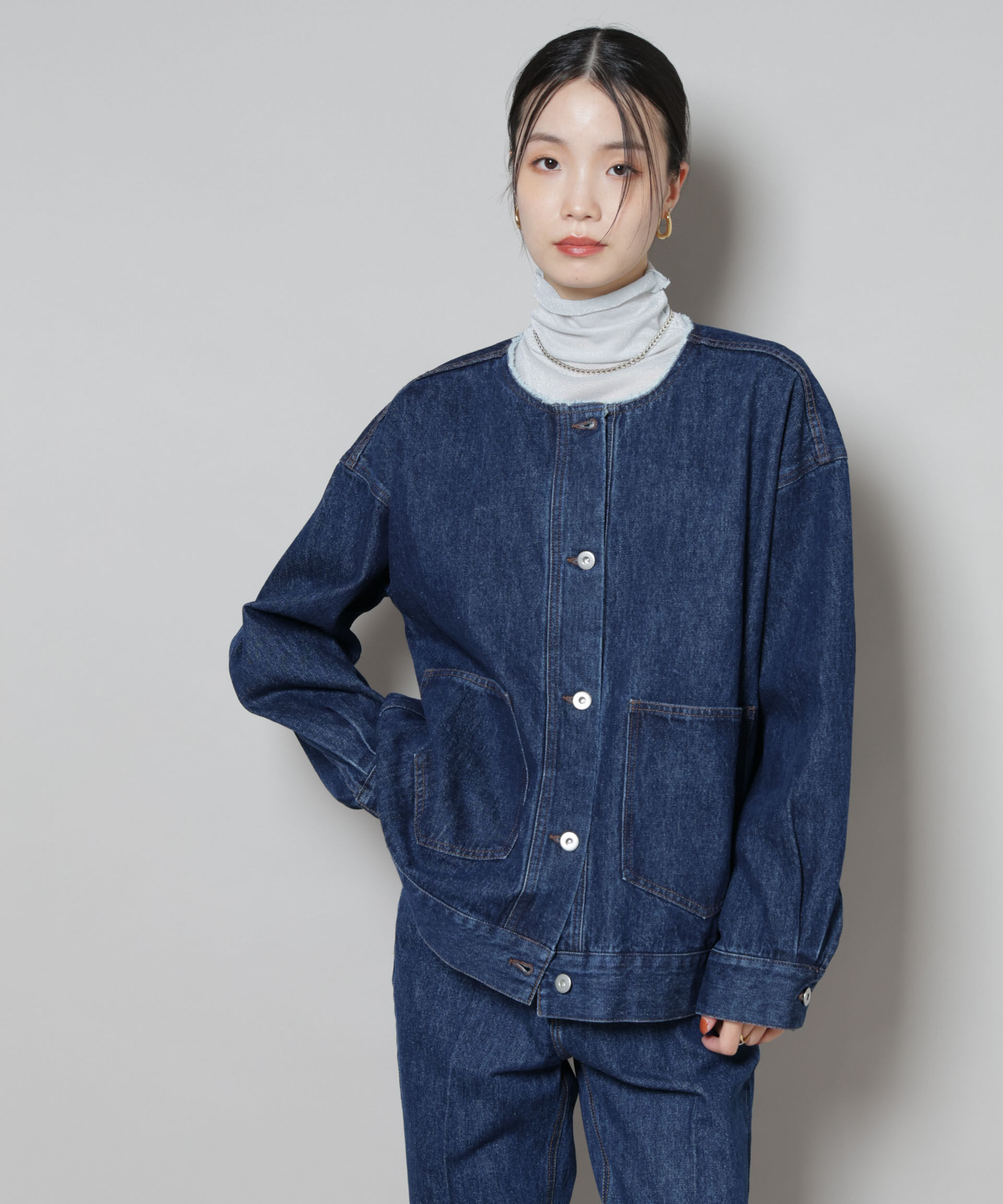 nano･universe「ノーカラーデニムジャケット」|テーラードジャケット|