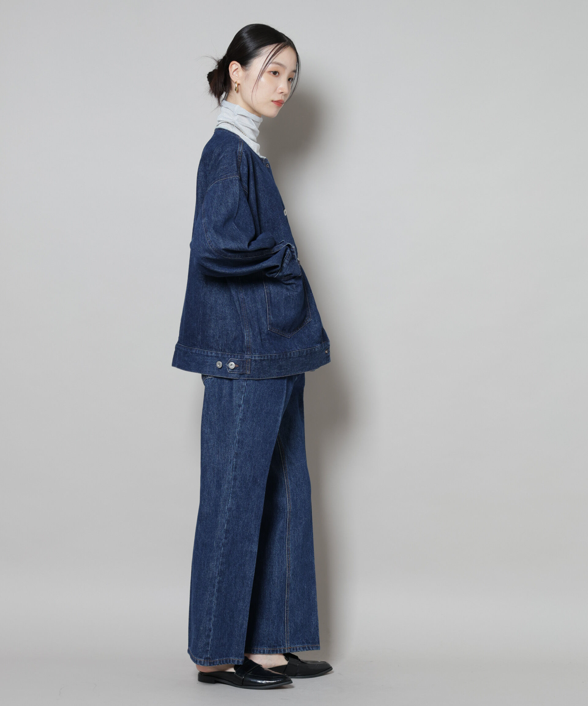 nano･universe「ノーカラーデニムジャケット」|テーラードジャケット|