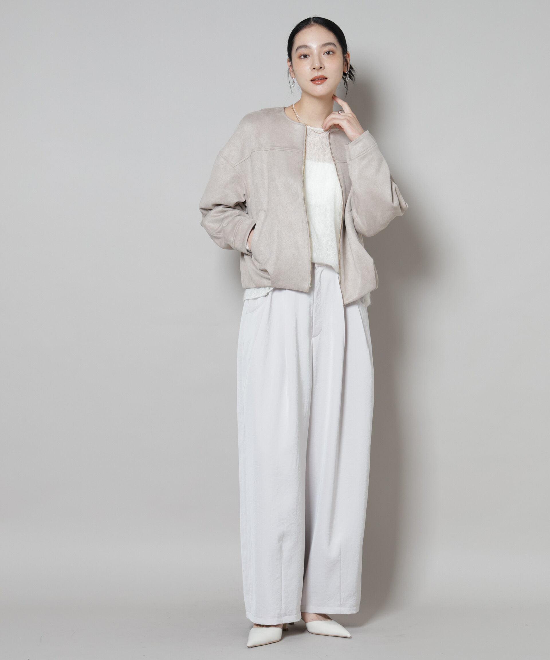 nano･universe「フェイクスエードボンディングノーカラーブルゾン」|ブルゾン・スタジャン|