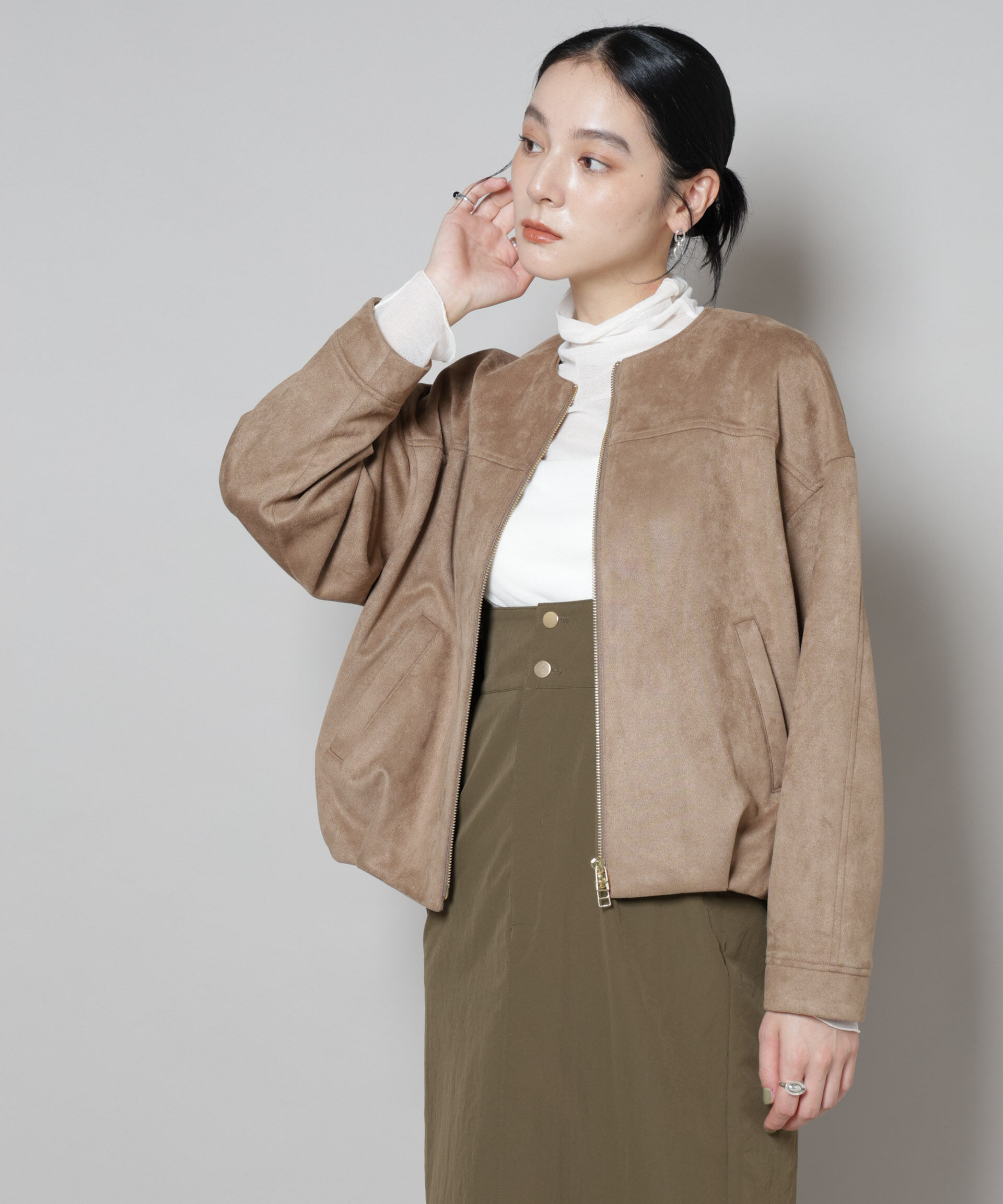 nano･universe「フェイクスエードボンディングノーカラーブルゾン」|ブルゾン・スタジャン|