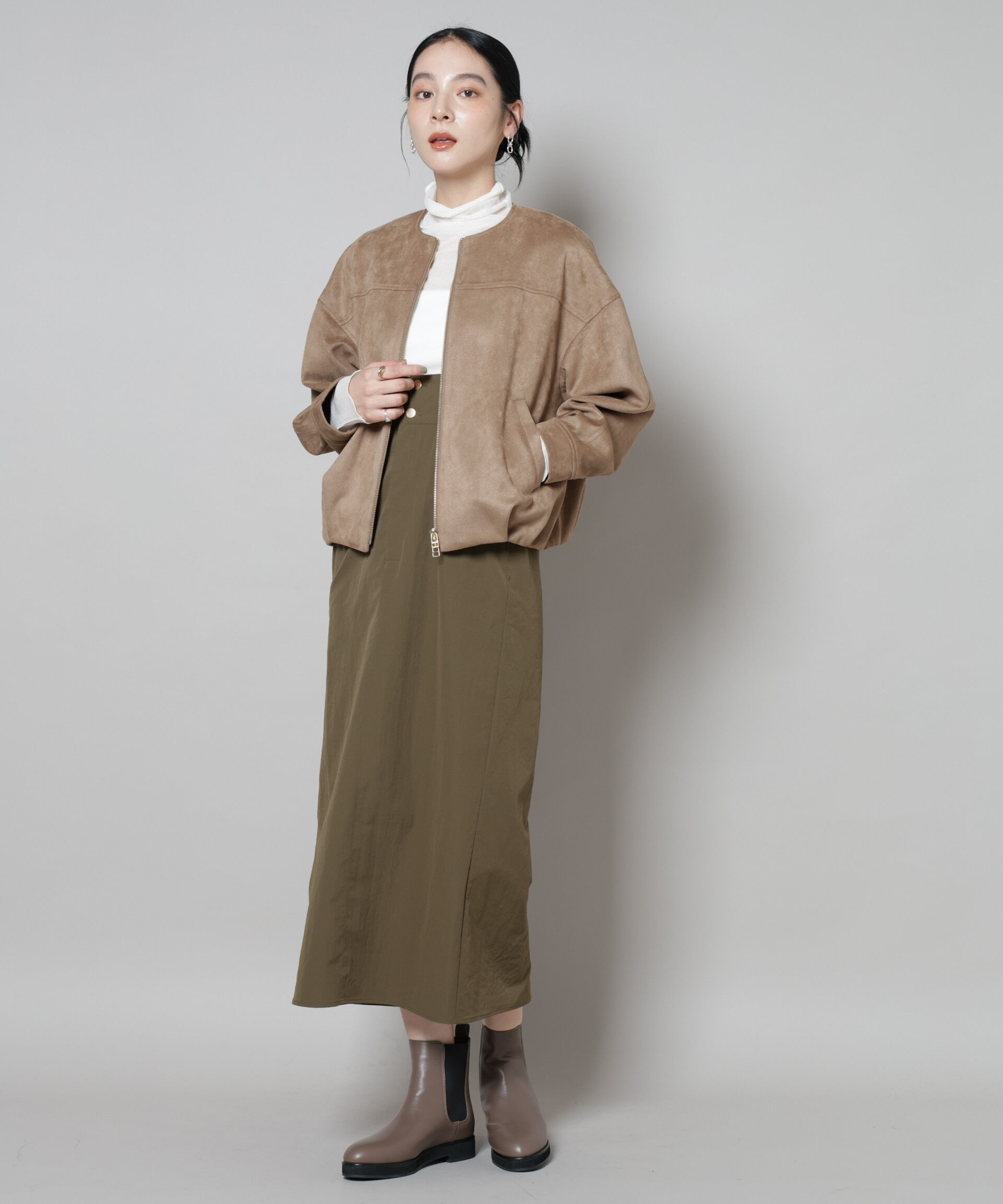 nano･universe「フェイクスエードボンディングノーカラーブルゾン」|ブルゾン・スタジャン|