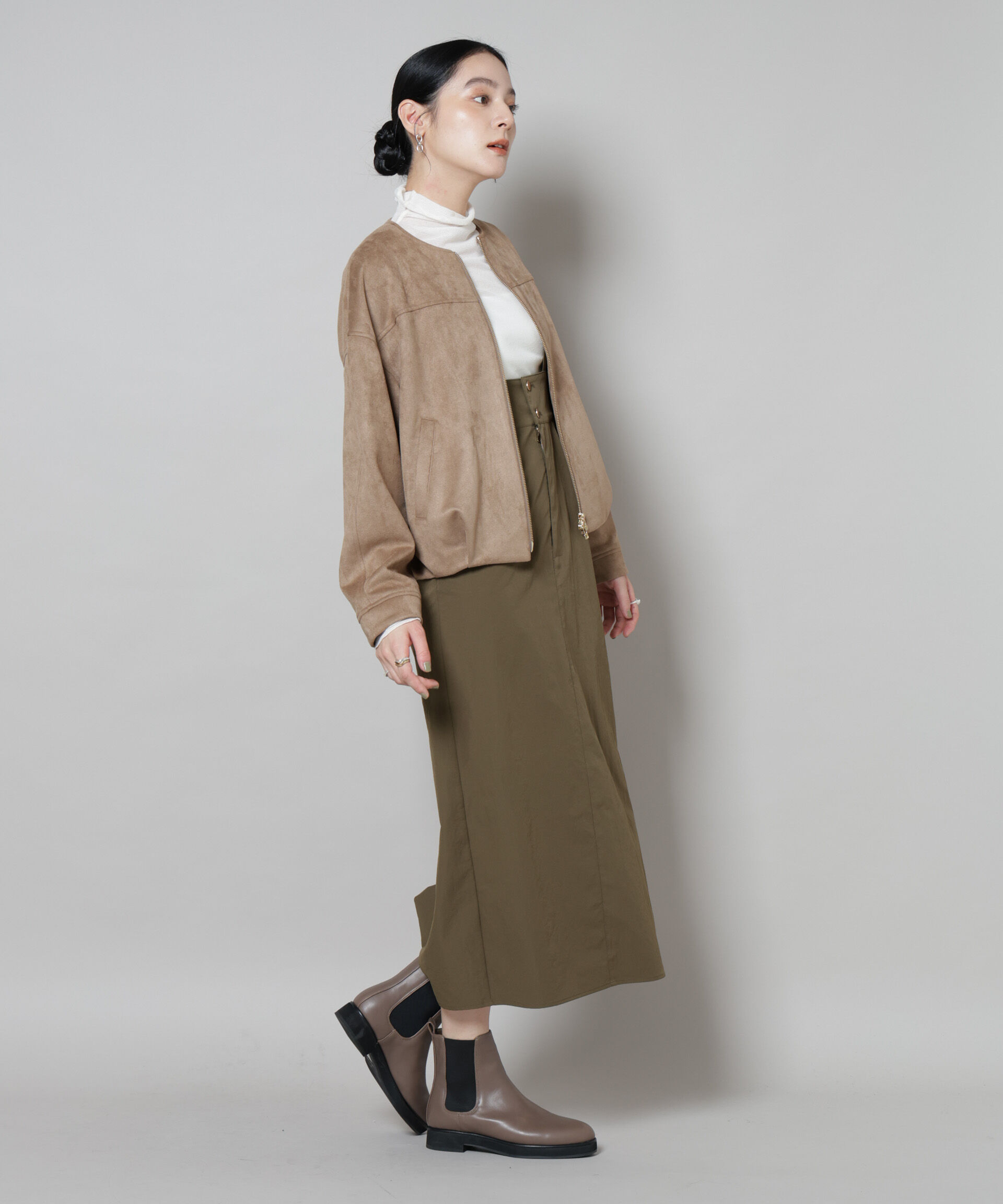 nano･universe「フェイクスエードボンディングノーカラーブルゾン」|ブルゾン・スタジャン|