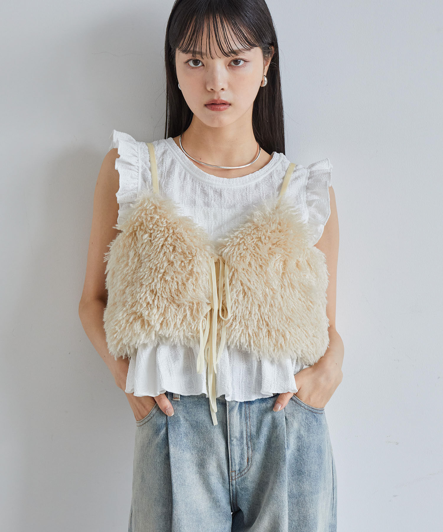 VIS「【洗える】シャーリングフリルトップス」|Tシャツ・カットソー|