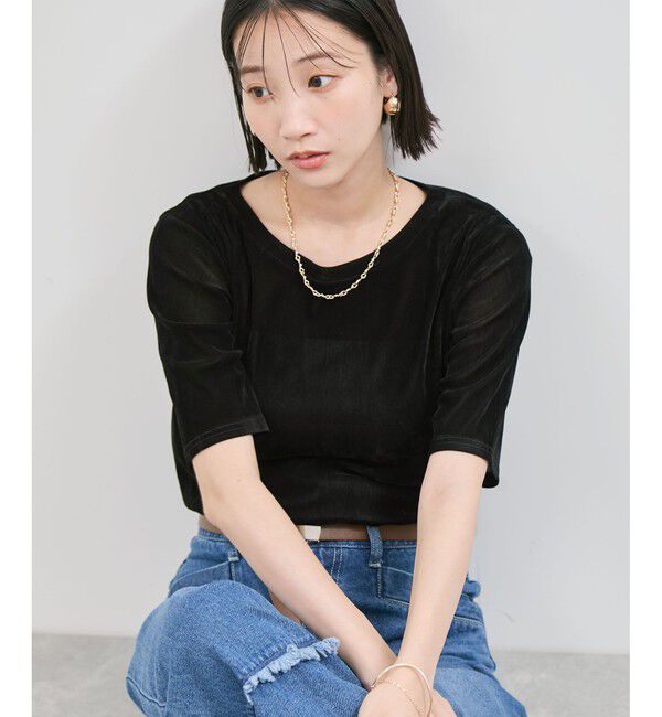 VIS「シーアベロア5部袖プルオーバー」|Tシャツ・カットソー|ブラック(01)