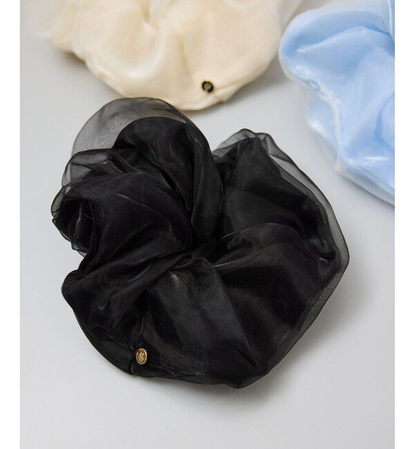 ROPE PICNIC PASSAGE「プレート付きオーガンジー&times;シャイニーコンビシュシュ」|ヘアゴム・シュシュ|ブラック(01)