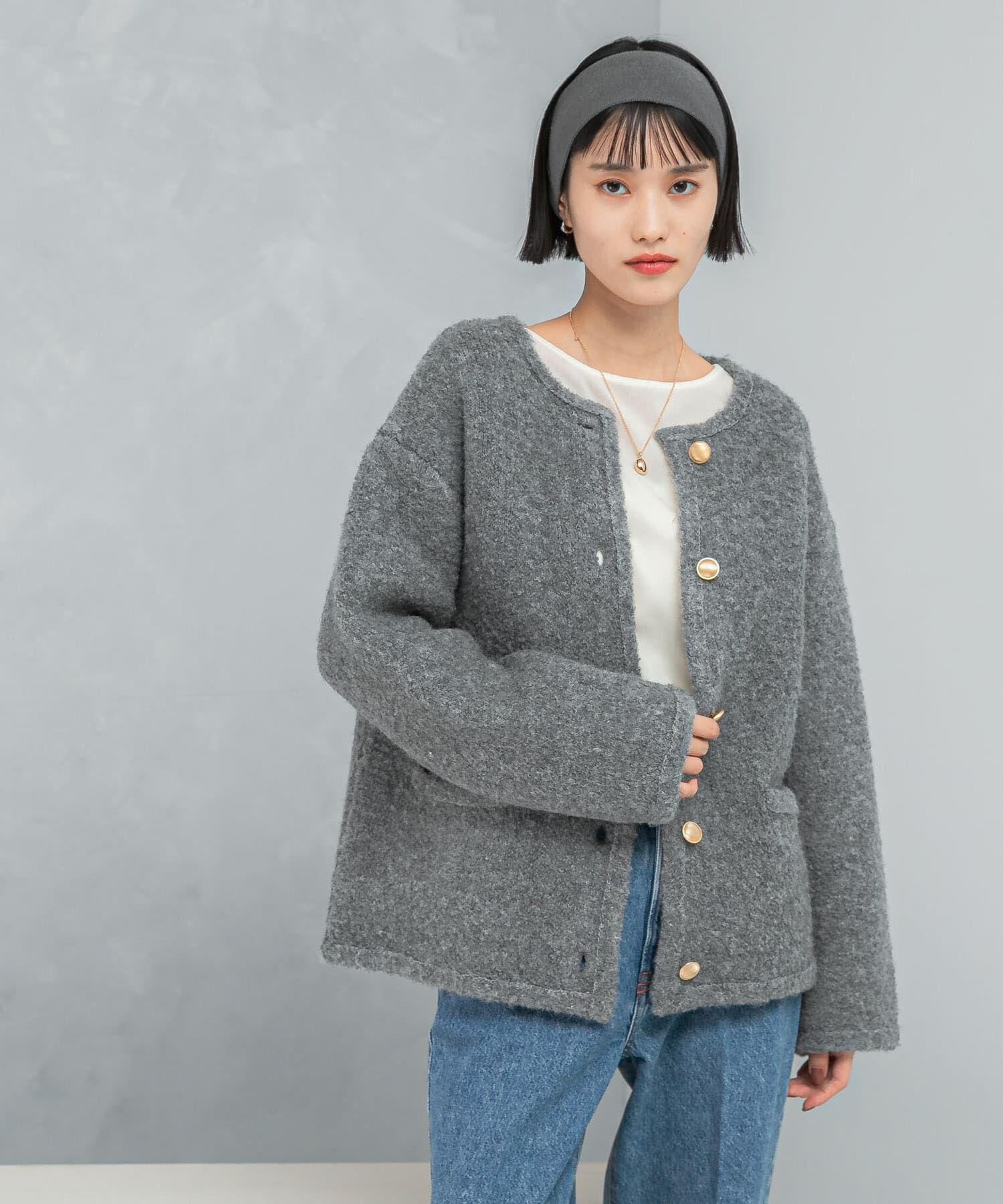 URBAN RESEARCH ROSSO「『WEB/一部店舗限定』ウール混ブークレニットジャケット」|ノーカラーコート|