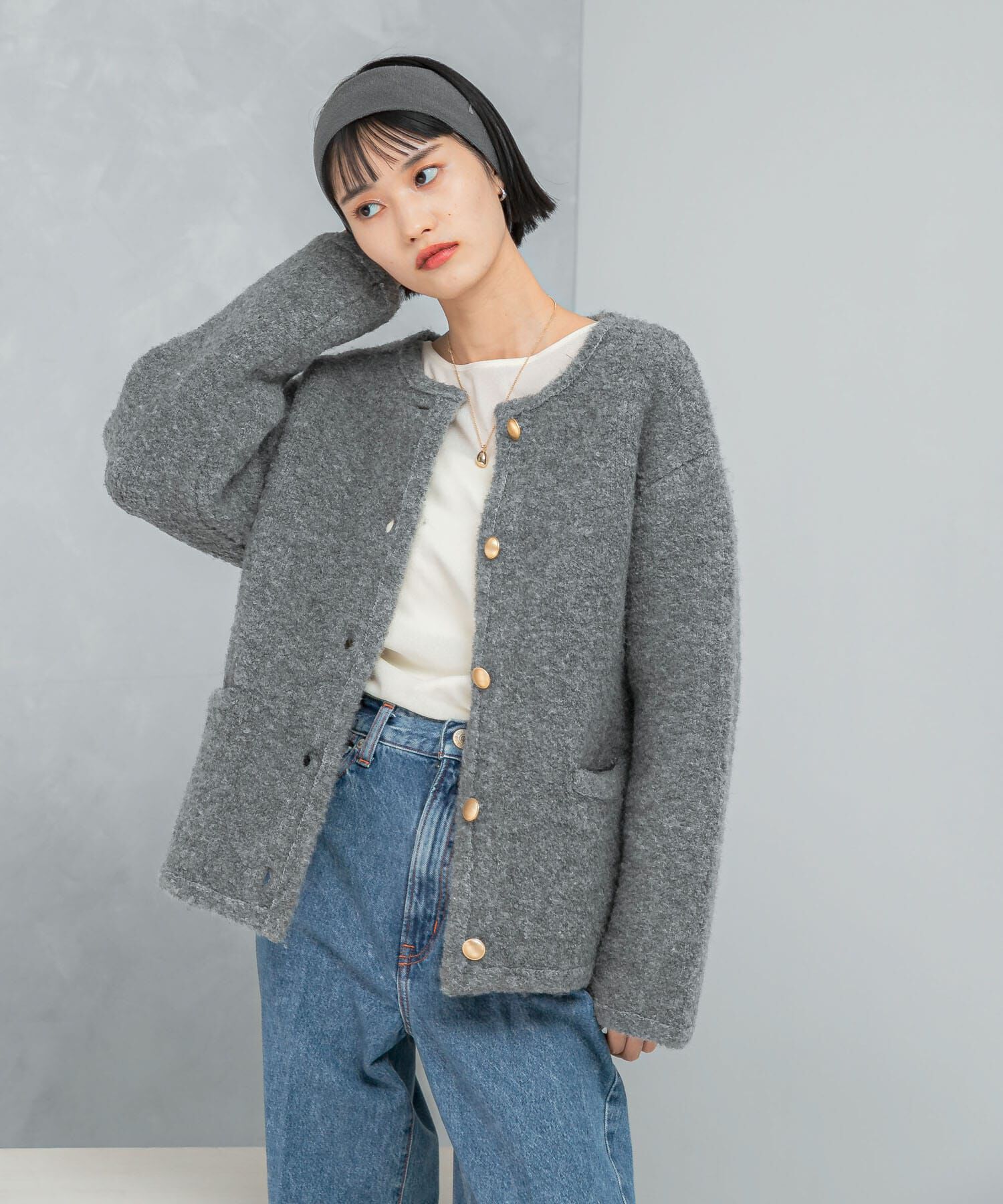 URBAN RESEARCH ROSSO「『WEB/一部店舗限定』ウール混ブークレニットジャケット」|ノーカラーコート|