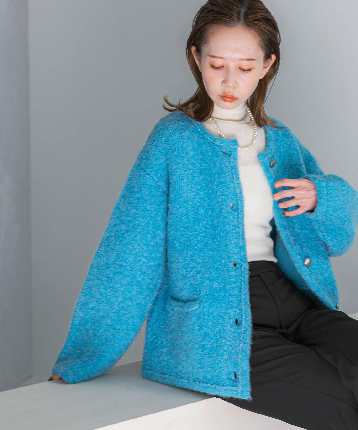 URBAN RESEARCH ROSSO「『WEB/一部店舗限定』ウール混ブークレニットジャケット」|ノーカラーコート|