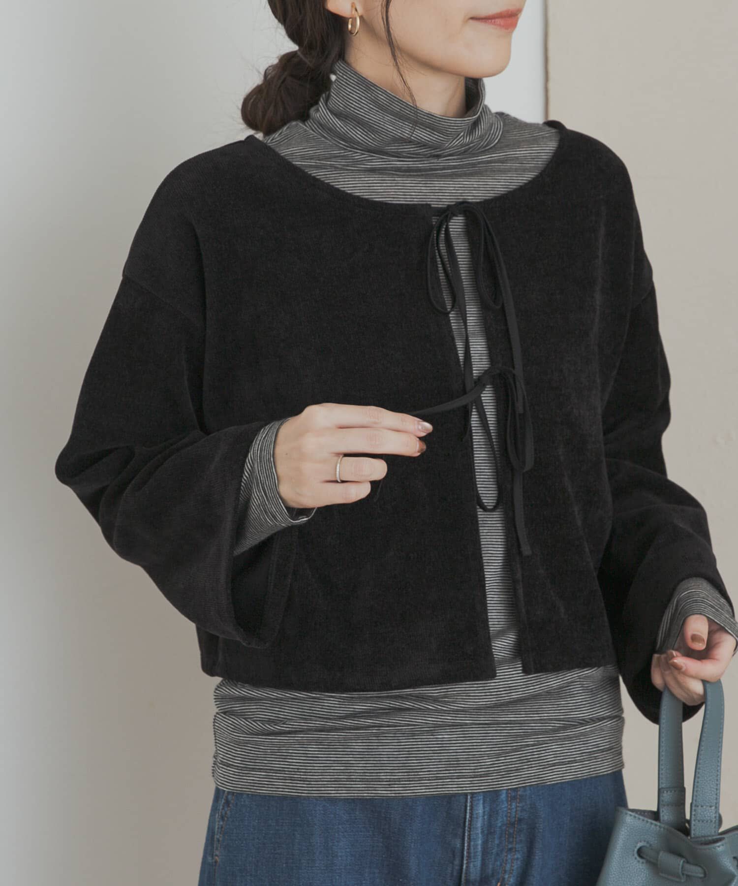 URBAN RESEARCH DOORS「ベロアリボンカットカーディガン」|カーディガン|ブラック