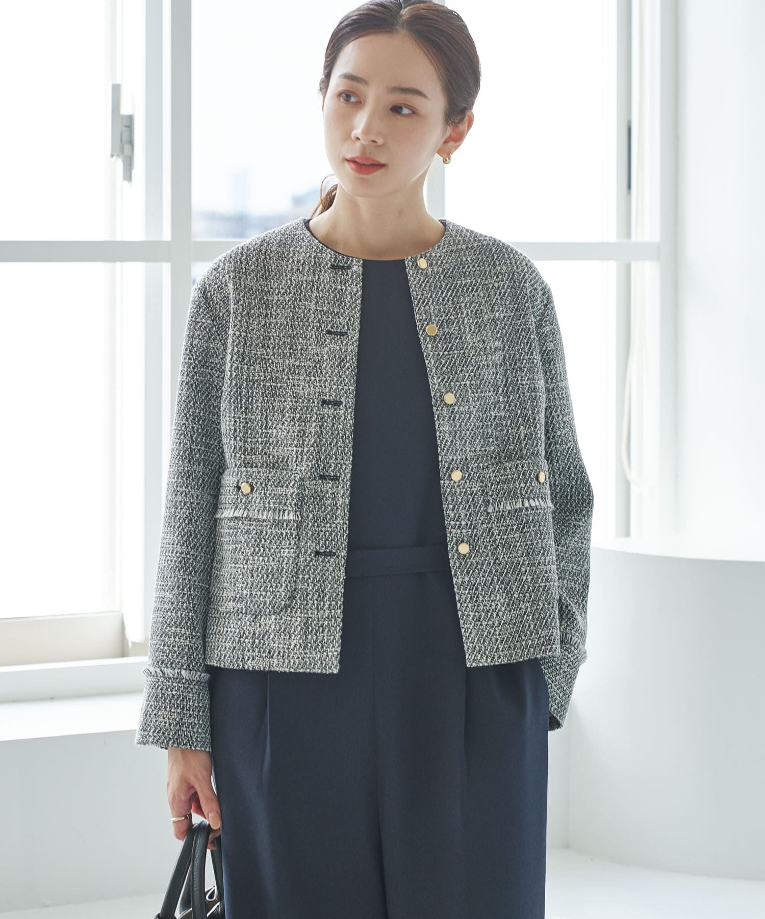 URBAN RESEARCH「ノーカラーツイードジャケット」|ノーカラージャケット|ブラック系その他