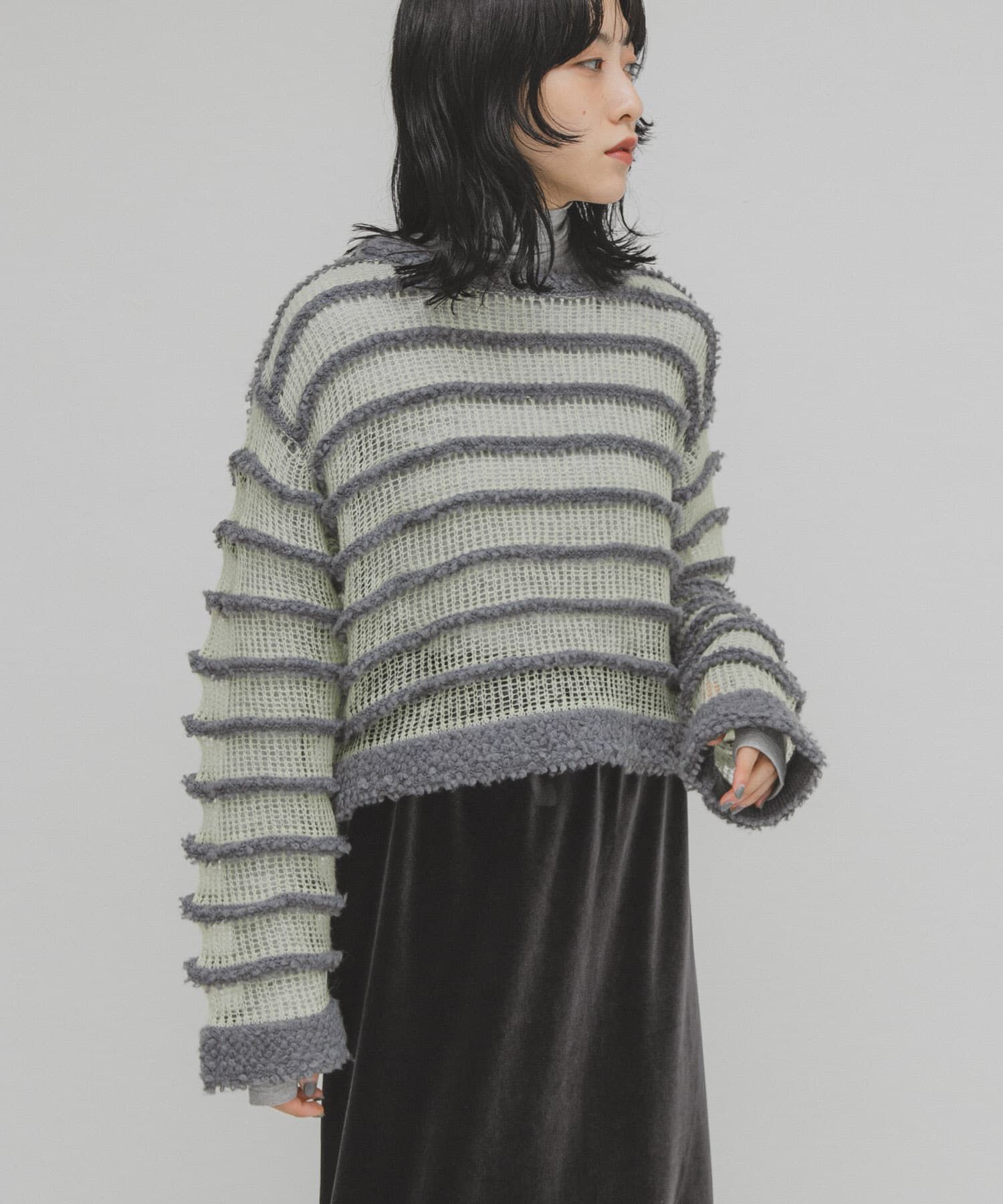  「シアーボーダーニット」|ニット・セーター|グレー系その他