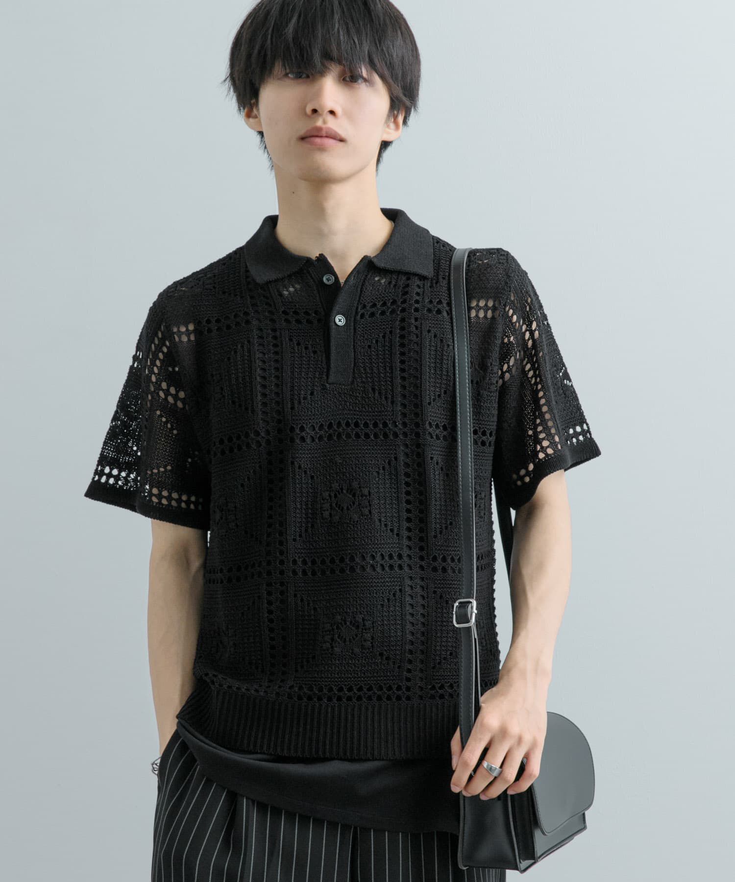 SENSE OF PLACE by URBAN RESEARCH「クロシェライクニットポロシャツ(5分袖)」|ニット・セーター|ブラック