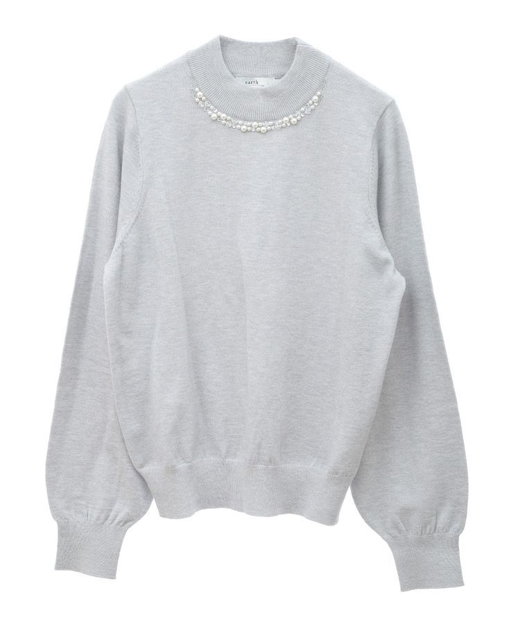 earth music&ecology「パール&ビジューハイネックプルオーバー」|ニット・セーター|Light Gray Mixture