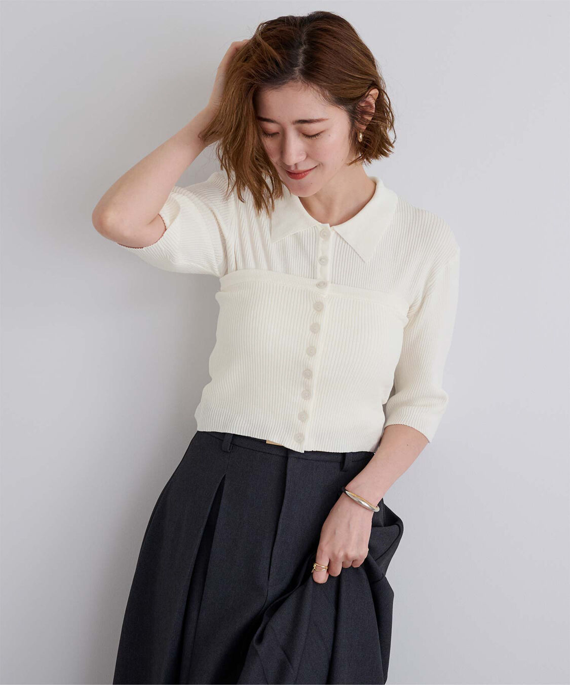 ur's「リブニットポロ&times;ビスチェセット」|ポロシャツ|ホワイト