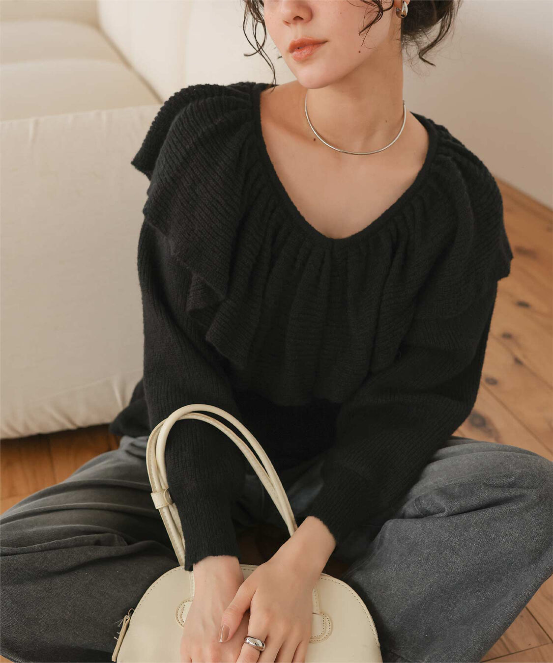 titivate「ウールブレンドギャザーフリル襟ニットトップス」|ニット・セーター|