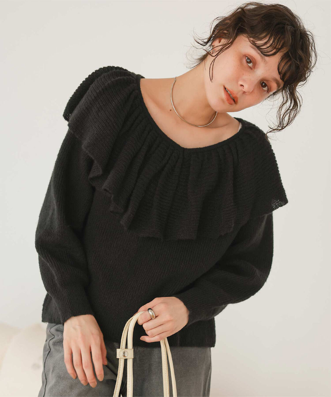 titivate「ウールブレンドギャザーフリル襟ニットトップス」|ニット・セーター|