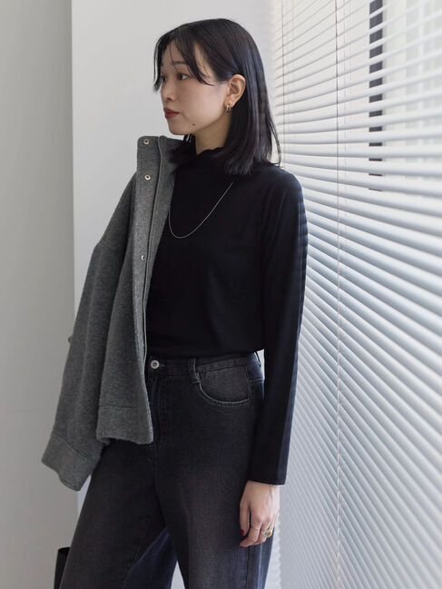 Samansa Mos2 blue「【吸湿発熱】リブフリル衿PO」|Tシャツ・カットソー|