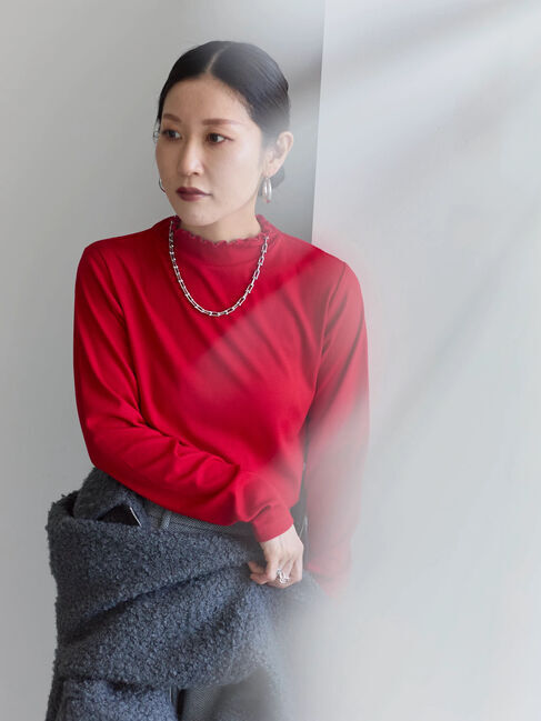 Samansa Mos2 blue「【吸湿発熱】リブフリル衿PO」|Tシャツ・カットソー|