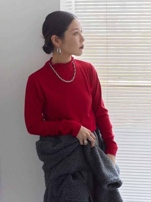 Samansa Mos2 blue「【吸湿発熱】リブフリル衿PO」|Tシャツ・カットソー|