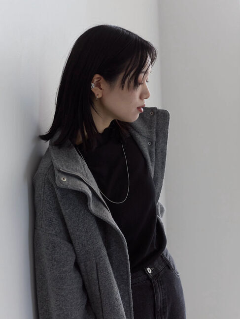 Samansa Mos2 blue「【吸湿発熱】リブフリル衿PO」|Tシャツ・カットソー|