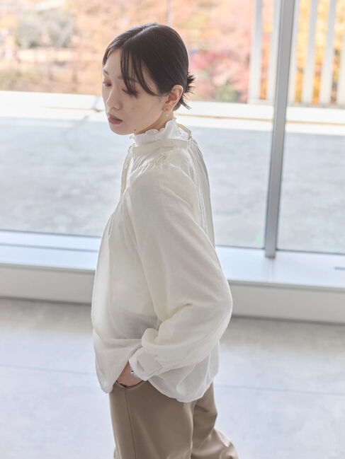 Samansa Mos2 blue「【吸湿発熱】リブフリル衿PO」|Tシャツ・カットソー|