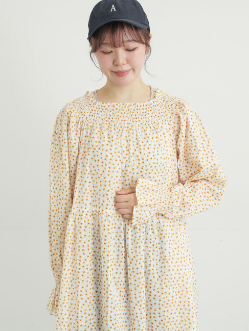 Samansa Mos2「花柄シャーリングワンピース」|ワンピース|イエロー