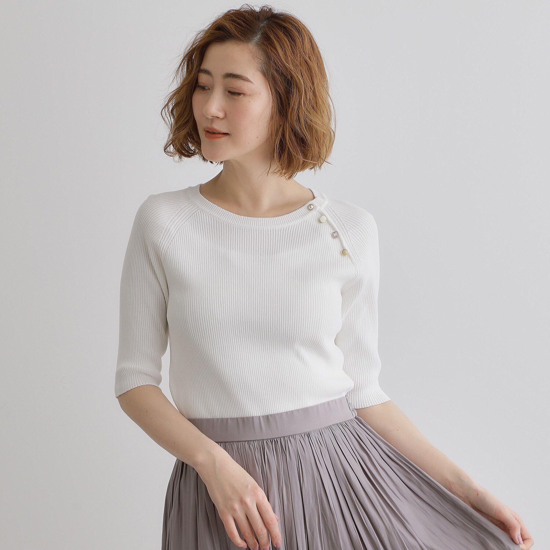grove「【雑誌掲載】多釦ラグランリブ5分袖プルオーバー」|ニット・セーター|オフホワイト(003
