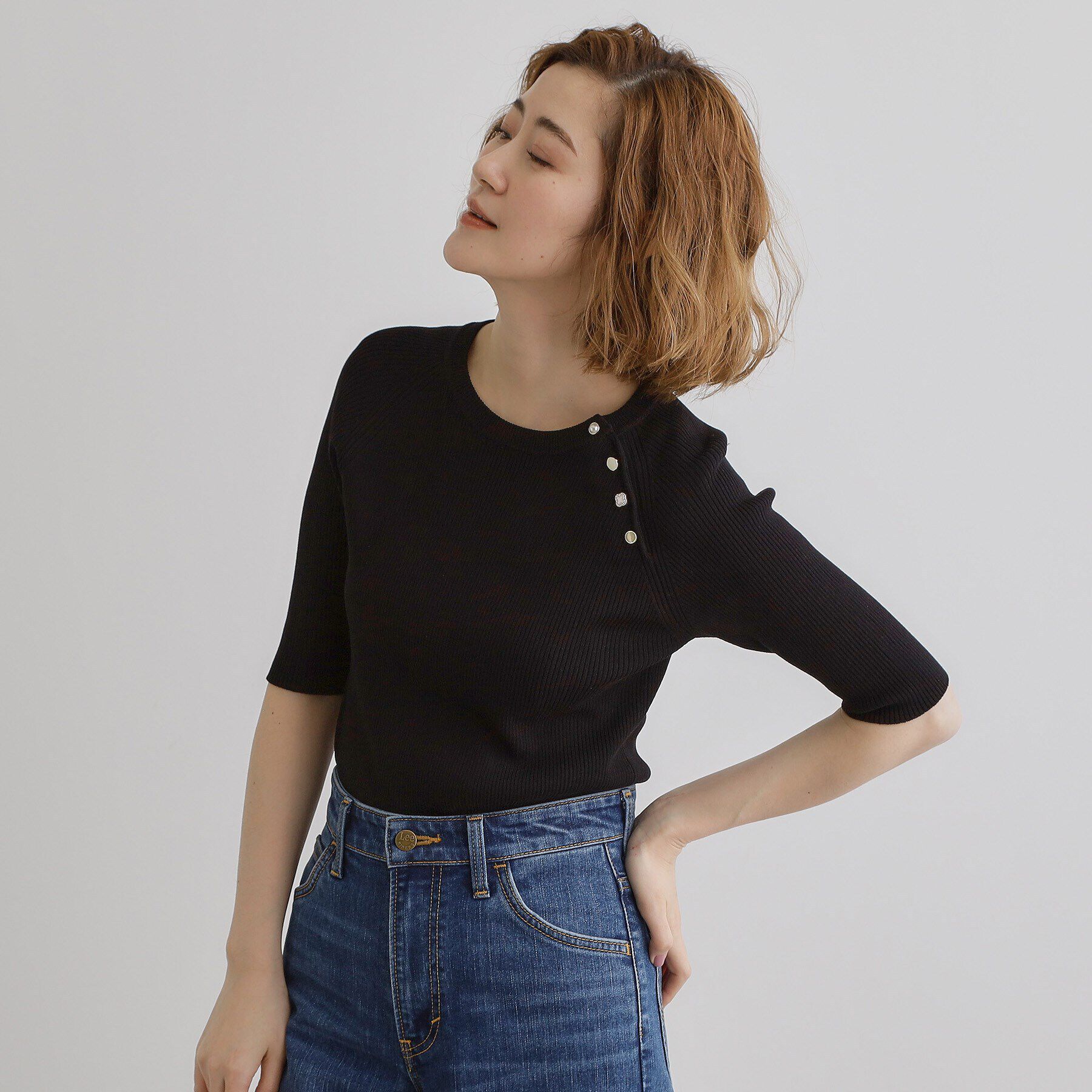 grove「【雑誌掲載】多釦ラグランリブ5分袖プルオーバー」|ニット・セーター|ブラック(019)