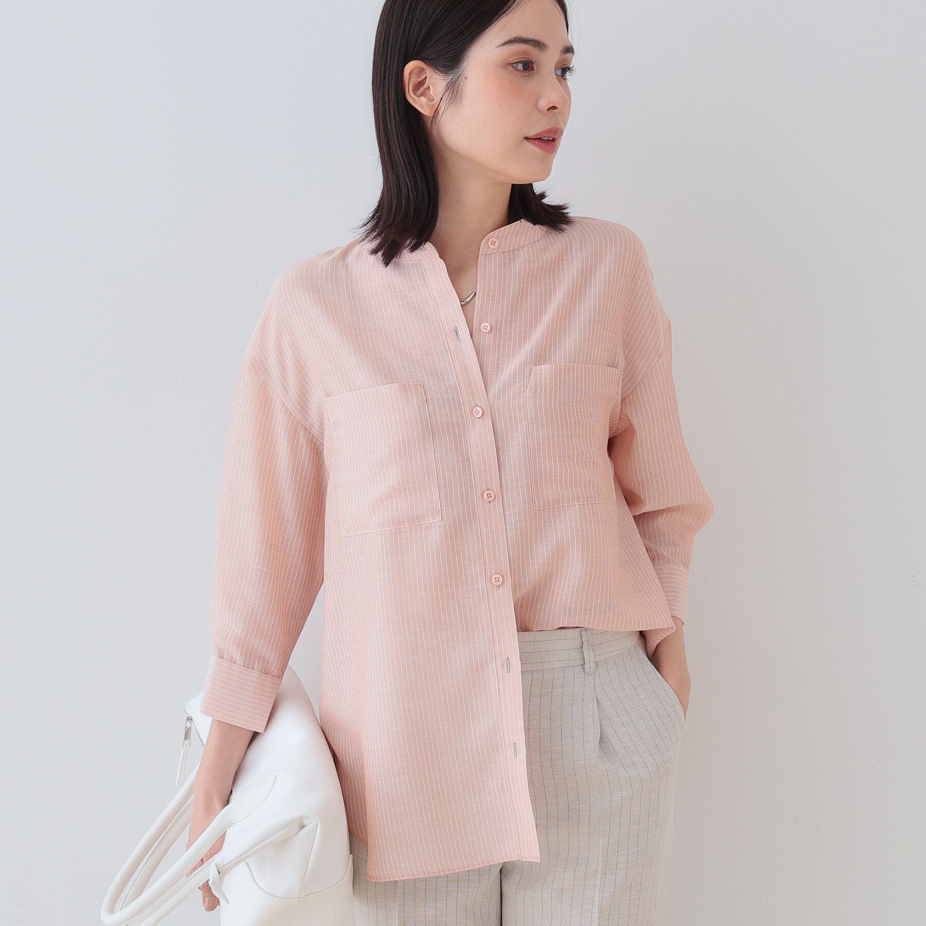 INDIVI「【洗える／エアリー素材】バンドカラーシャツ」|シャツ・ブラウス|オレンジ(365)