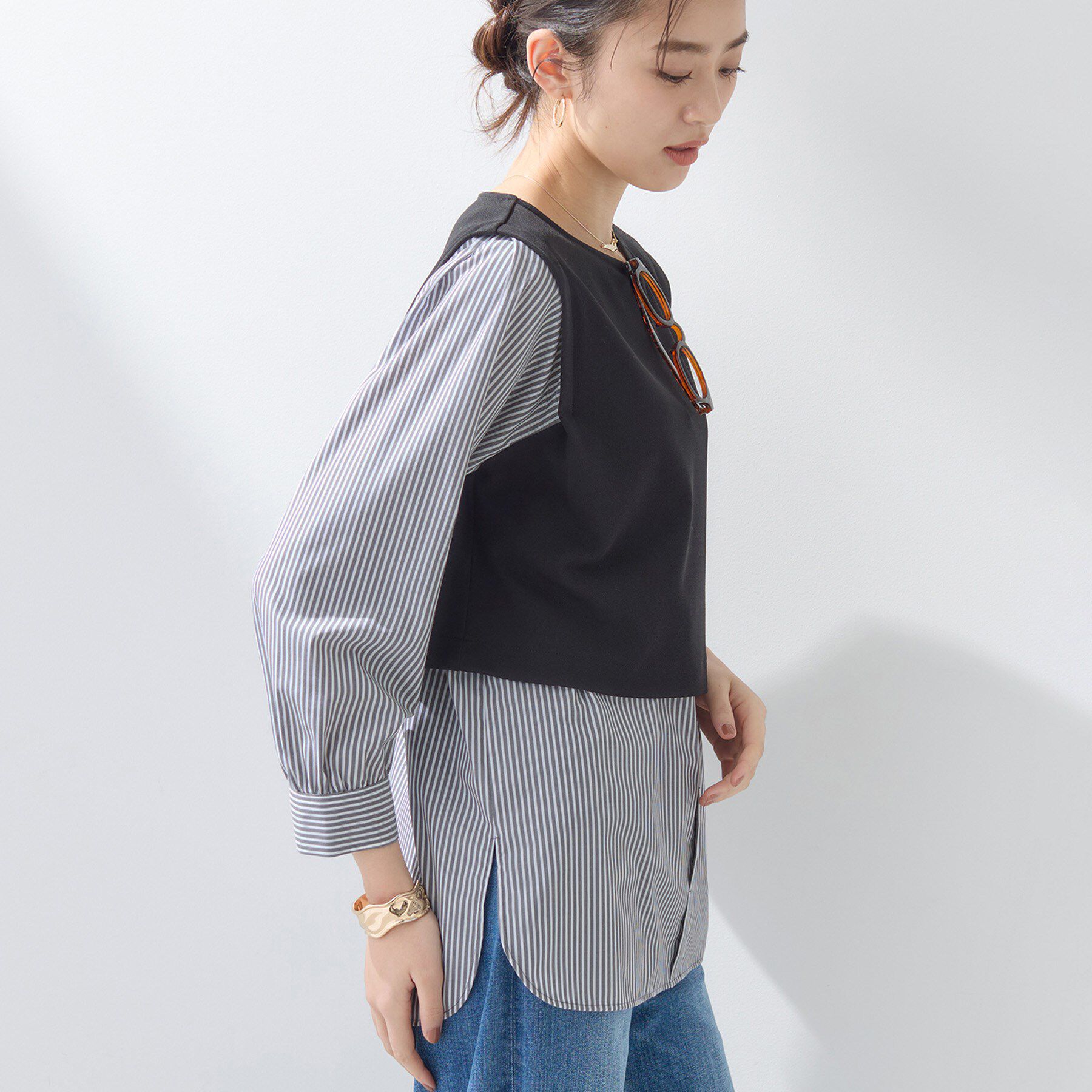 INDIVI「【洗える／UVケア】レイヤード風デザイントップス」|Tシャツ・カットソー|