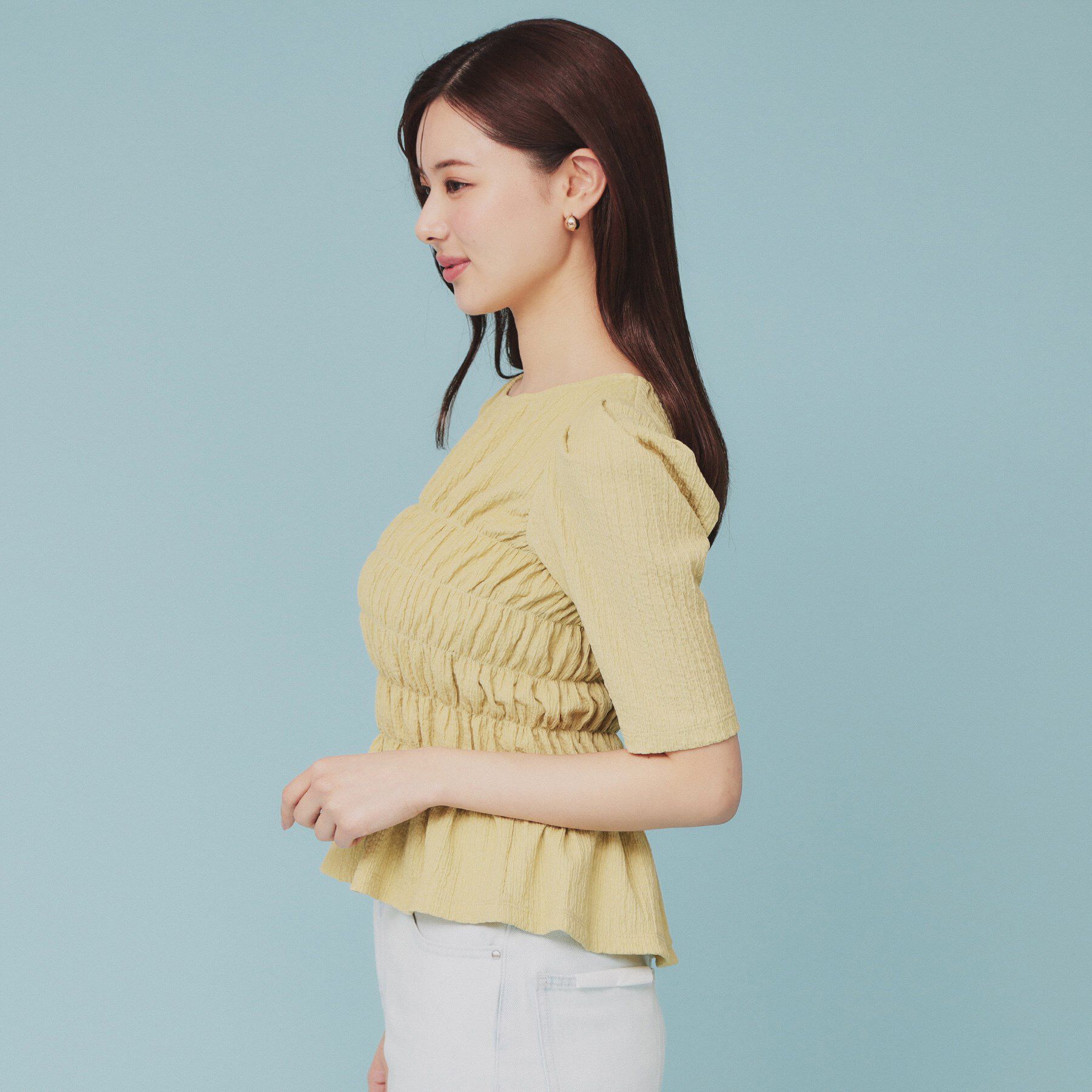 index「シャーリングペプラムトップス【洗濯機洗い可】」|Tシャツ・カットソー|