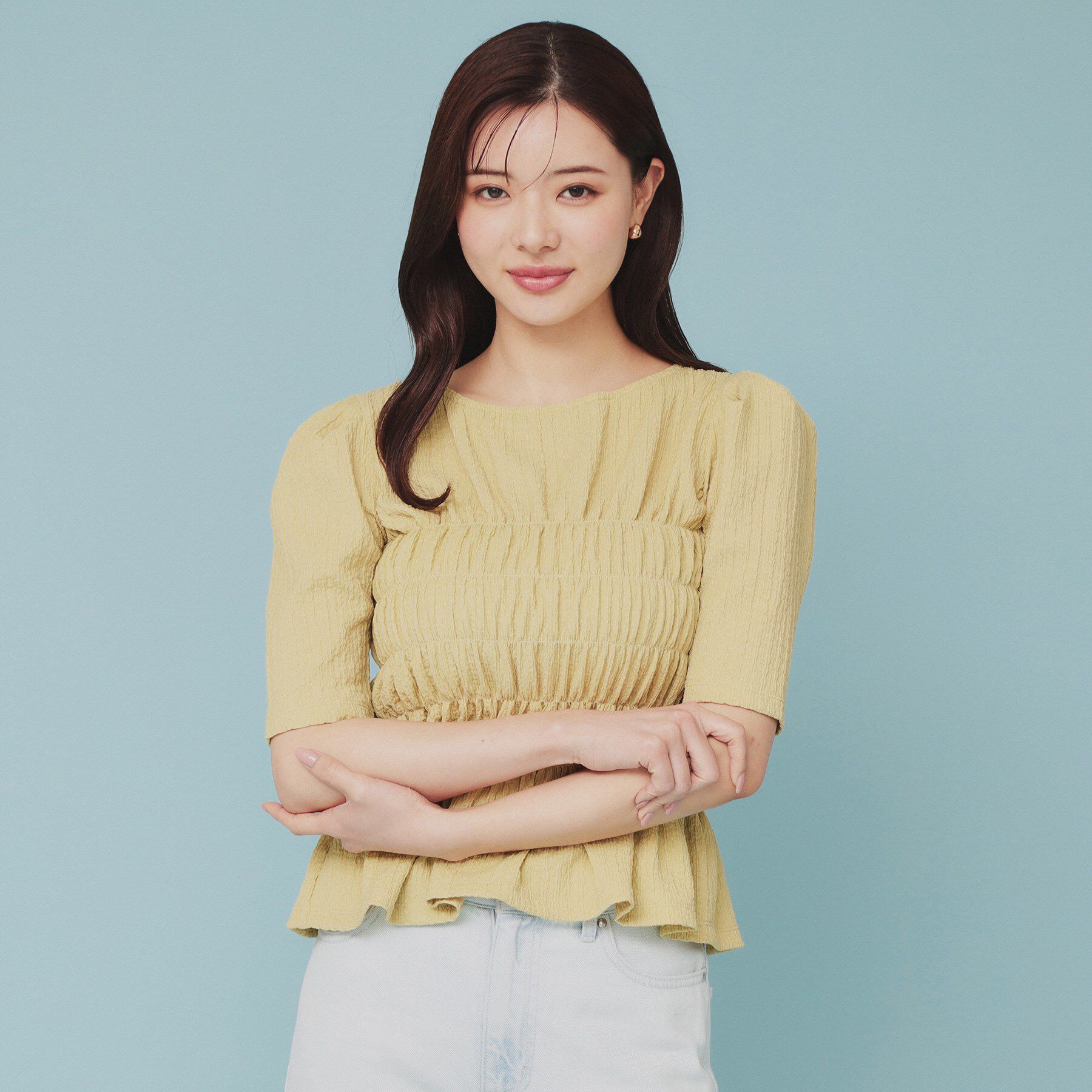 index「シャーリングペプラムトップス【洗濯機洗い可】」|Tシャツ・カットソー|