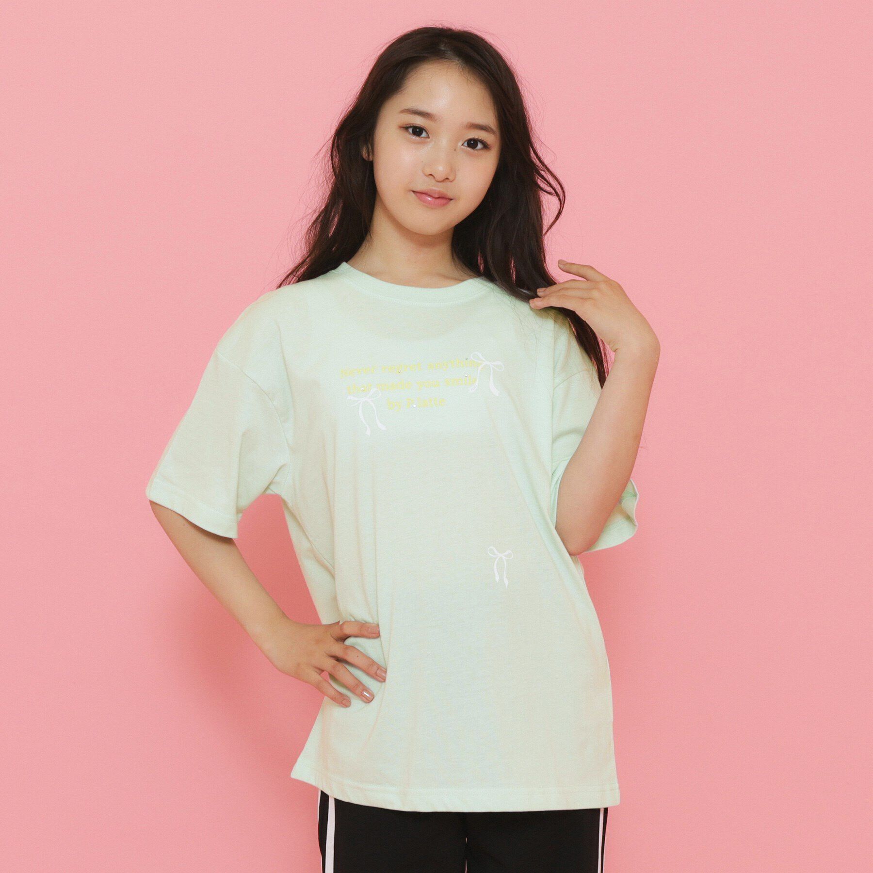 PINK-latte「リボンロゴプリントラインストーン付きTシャツ」|Tシャツ・カットソー|