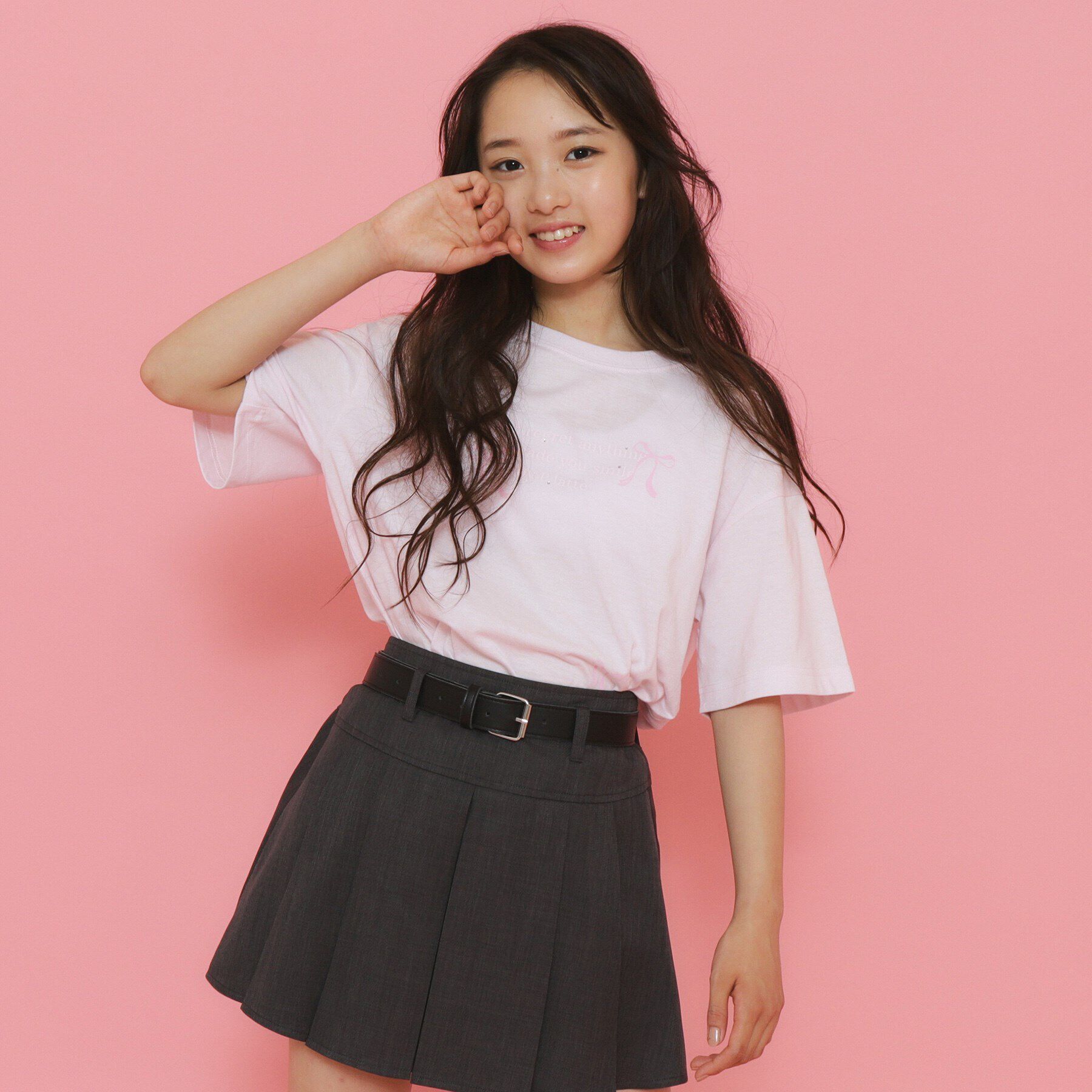 PINK-latte「リボンロゴプリントラインストーン付きTシャツ」|Tシャツ・カットソー|ピンク(071)