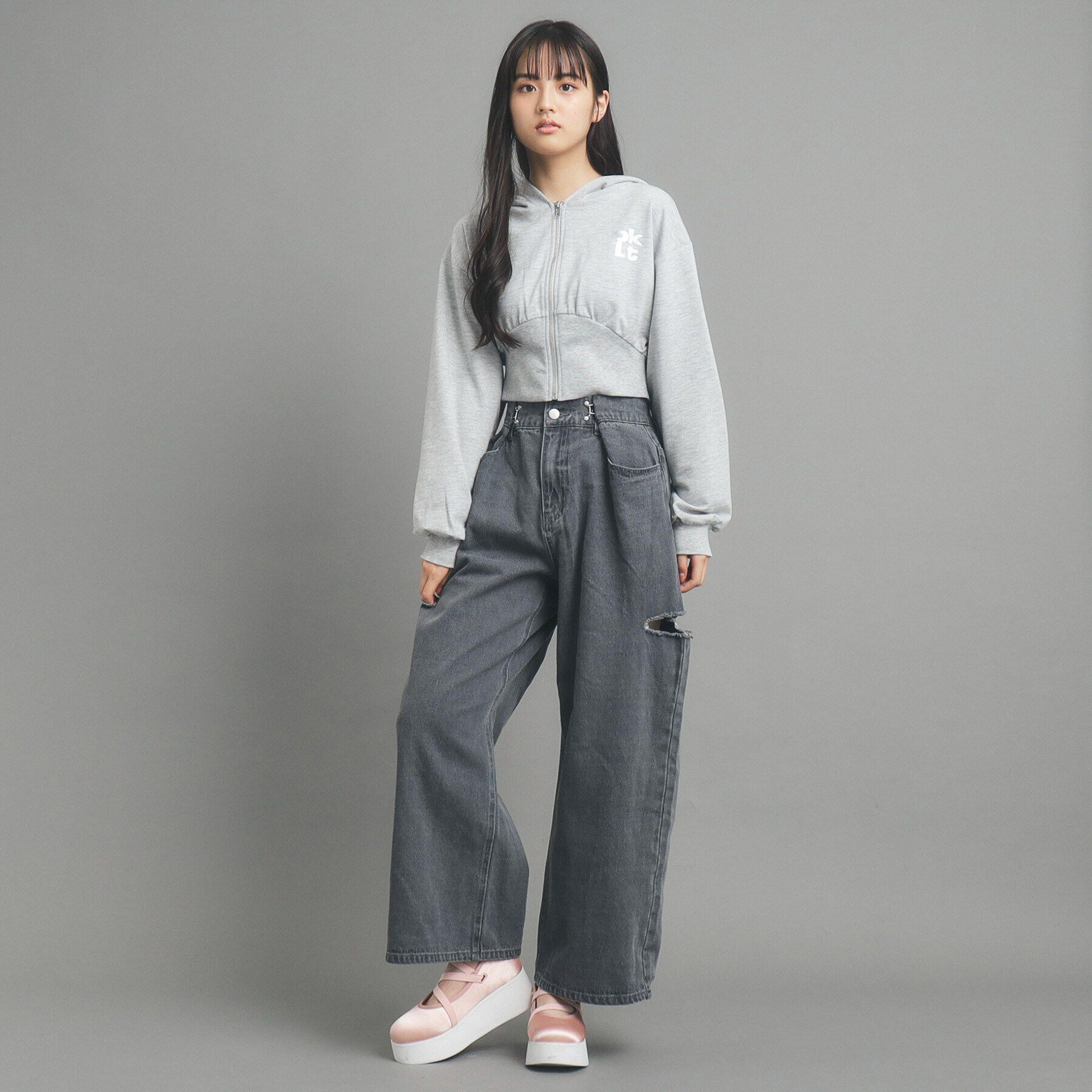 PINK-latte「【130cmあり】ショート丈フードジップパーカ」|パーカー|