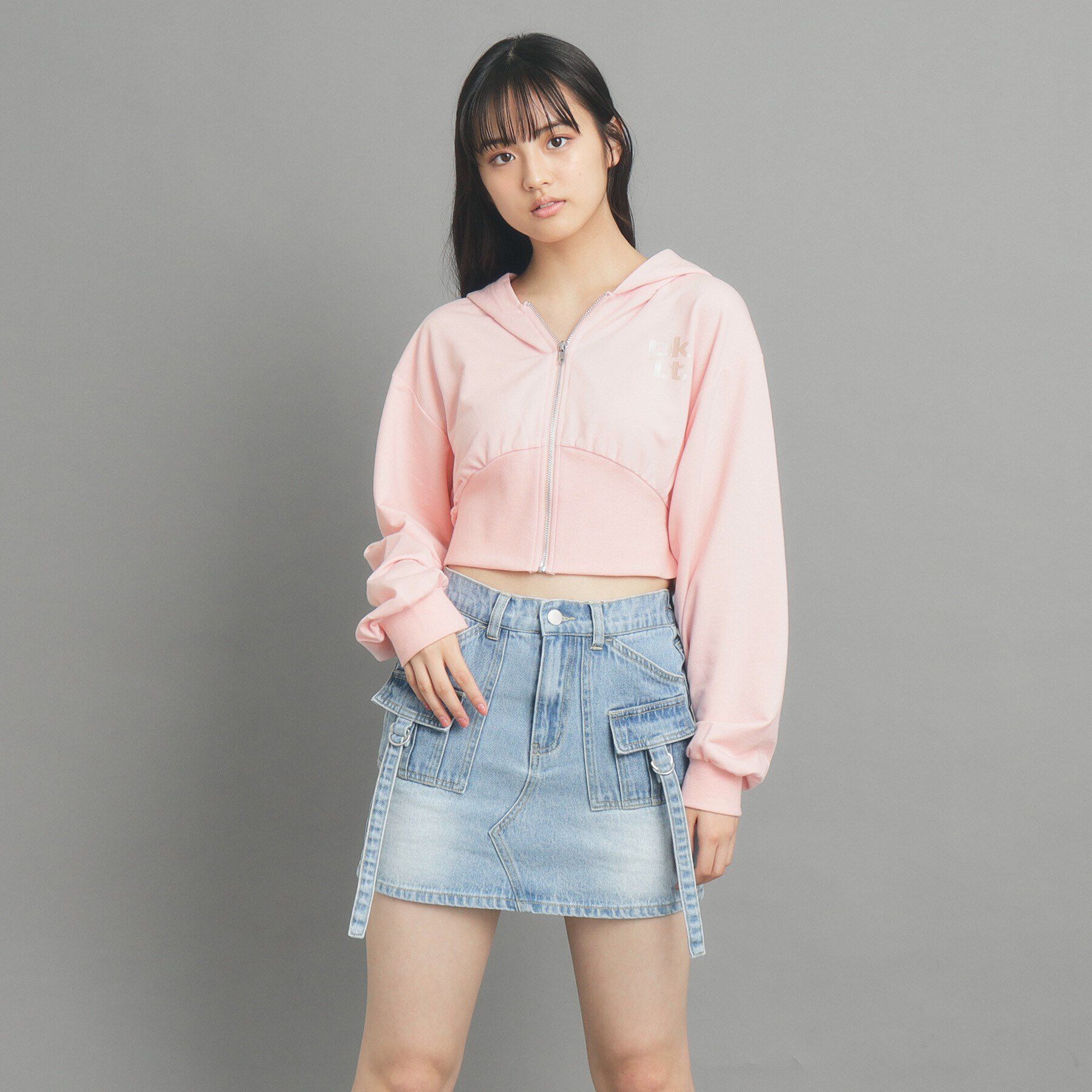 PINK-latte「【130cmあり】ショート丈フードジップパーカ」|パーカー|