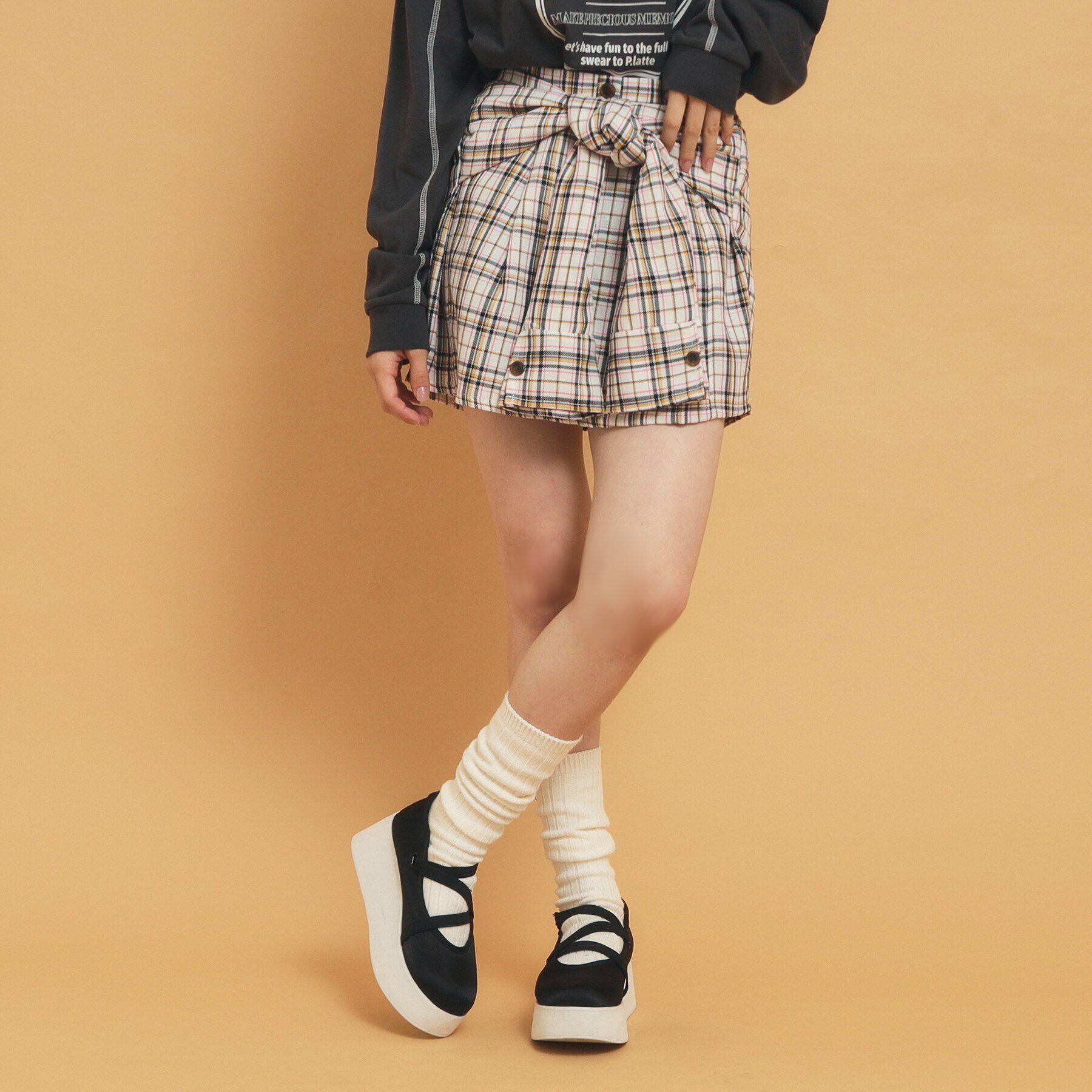 PINK-latte「【インナー付き】腰巻きネルシャツ風スカート」|スカート|オフホワイト(203