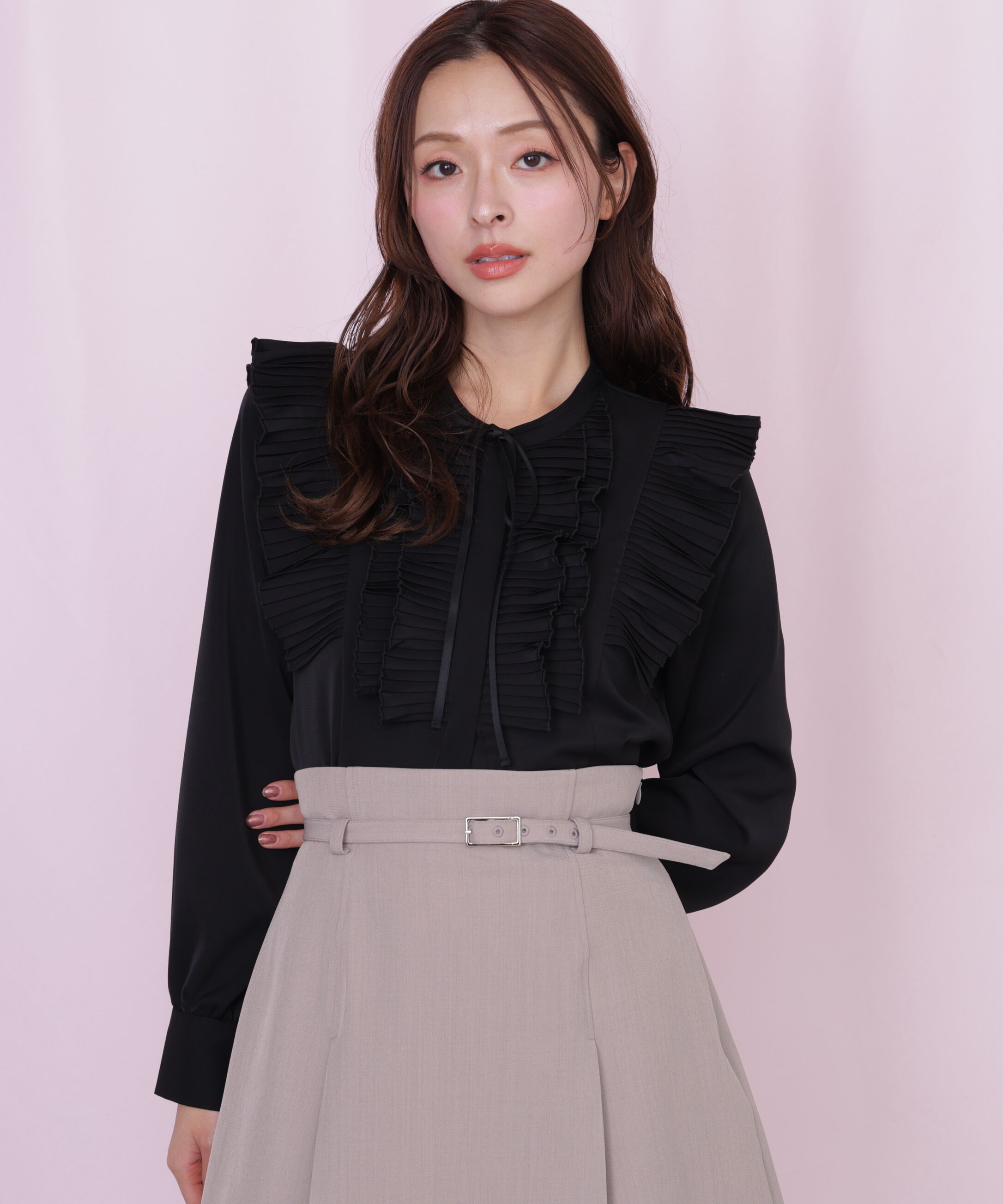  「プリーツフリルブラウス」|シャツ・ブラウス|ブラック