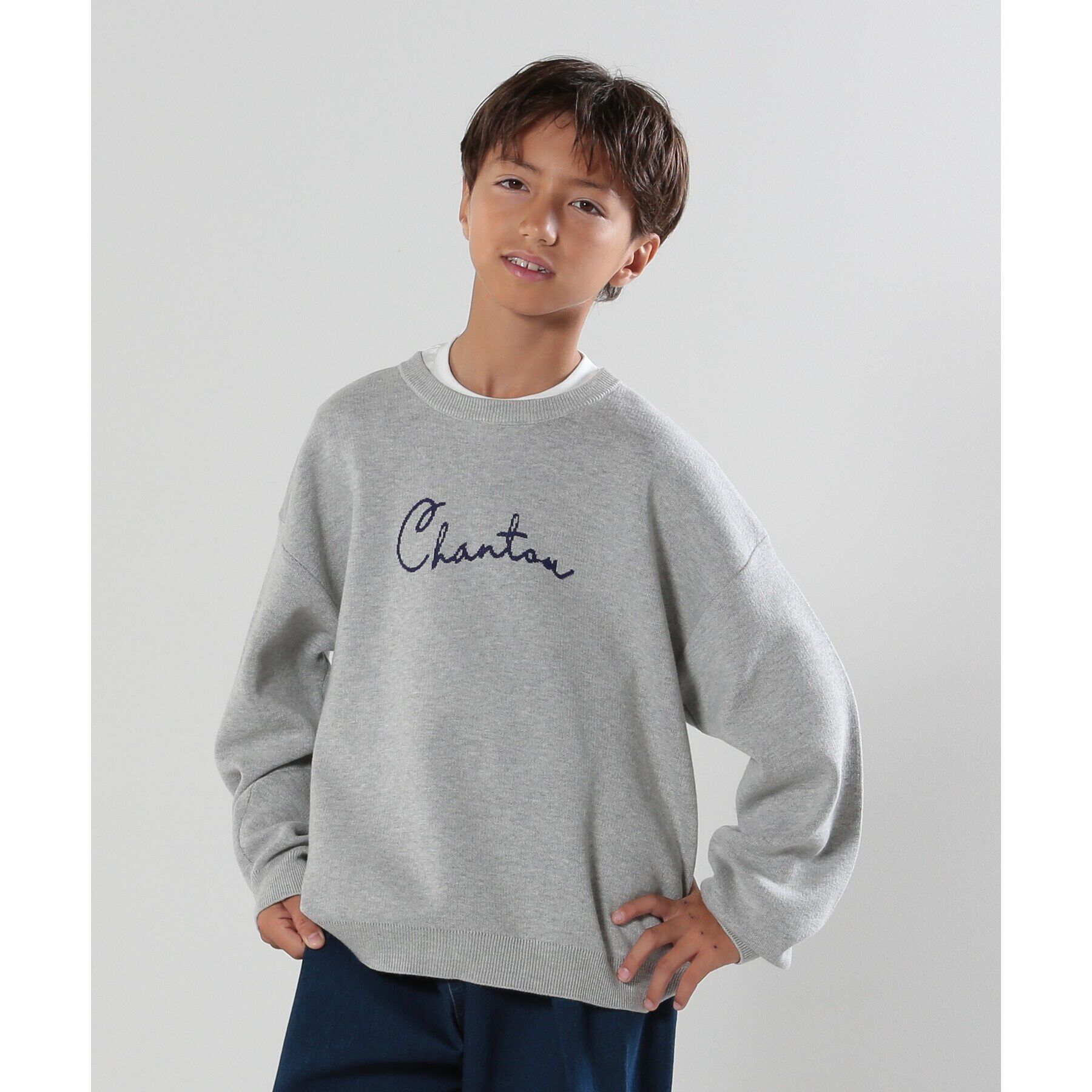 SHOO･LA･RUE「【110-140cm/男女兼用】スウェットライクロゴニット」|ニット・セーター|ライトグレー(011