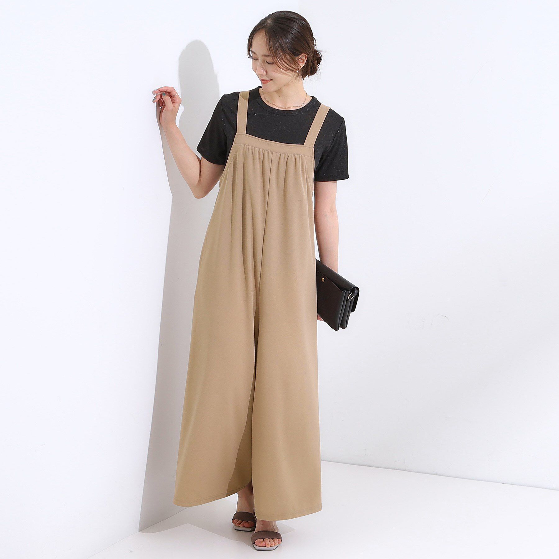 SHOO･LA･RUE「【洗える/S-LL】裏がサラサラ やわらか ギャザーサロペット」|オールインワン|